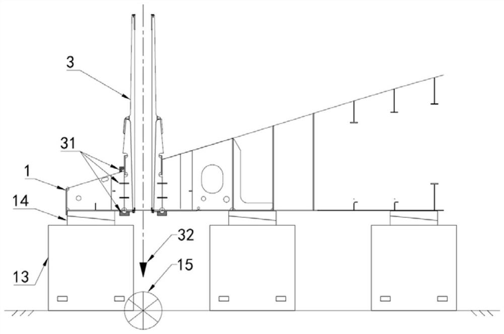 Process for installing and positioning double-rudder sleeve and tail casting in segmented construction stage