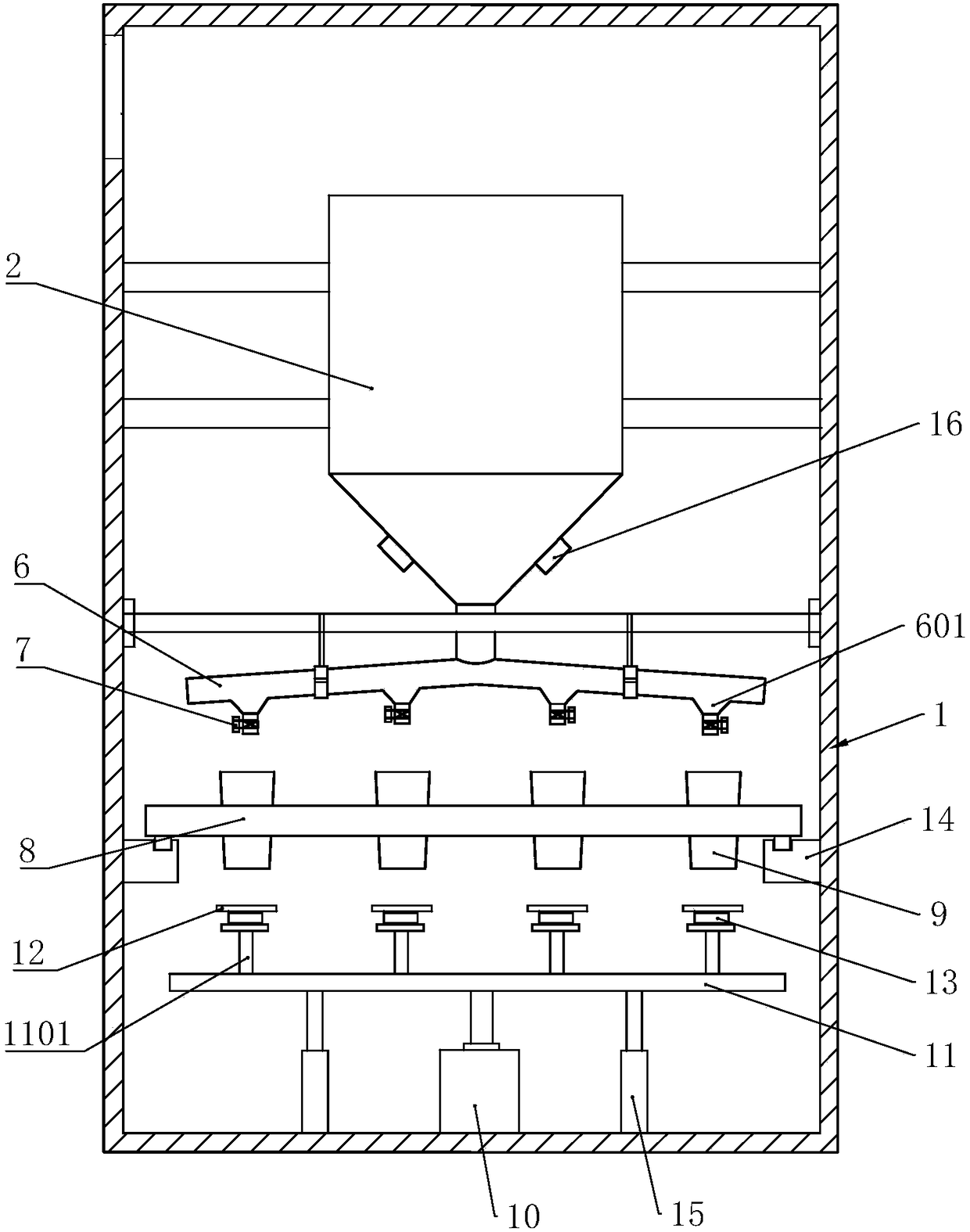 Automatic weighting and distributing device and application thereof in aspect of processing raw materials of brake pads and medicine