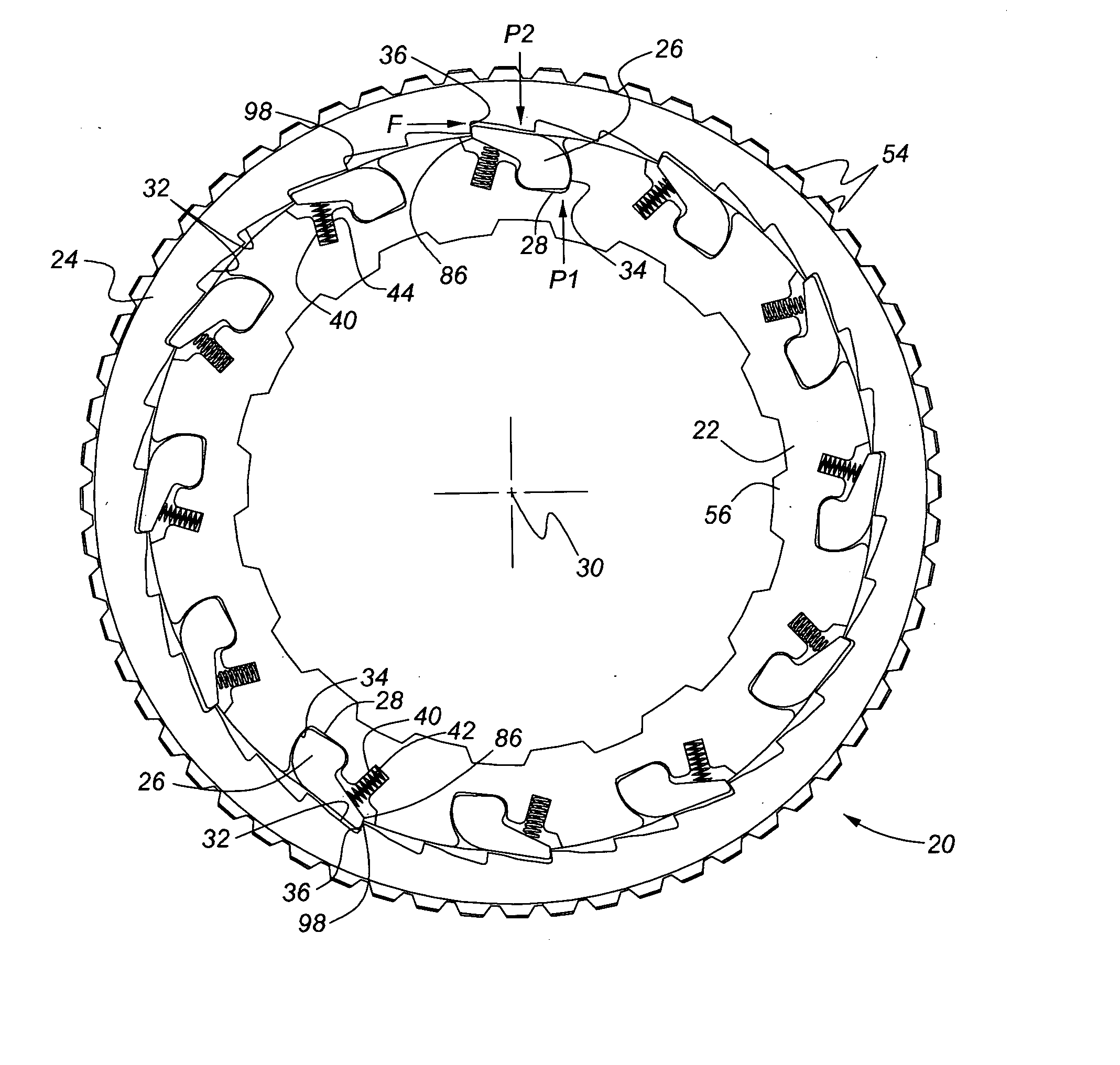 Ratcheting one-way clutch having rockers actuated by centrifugal force