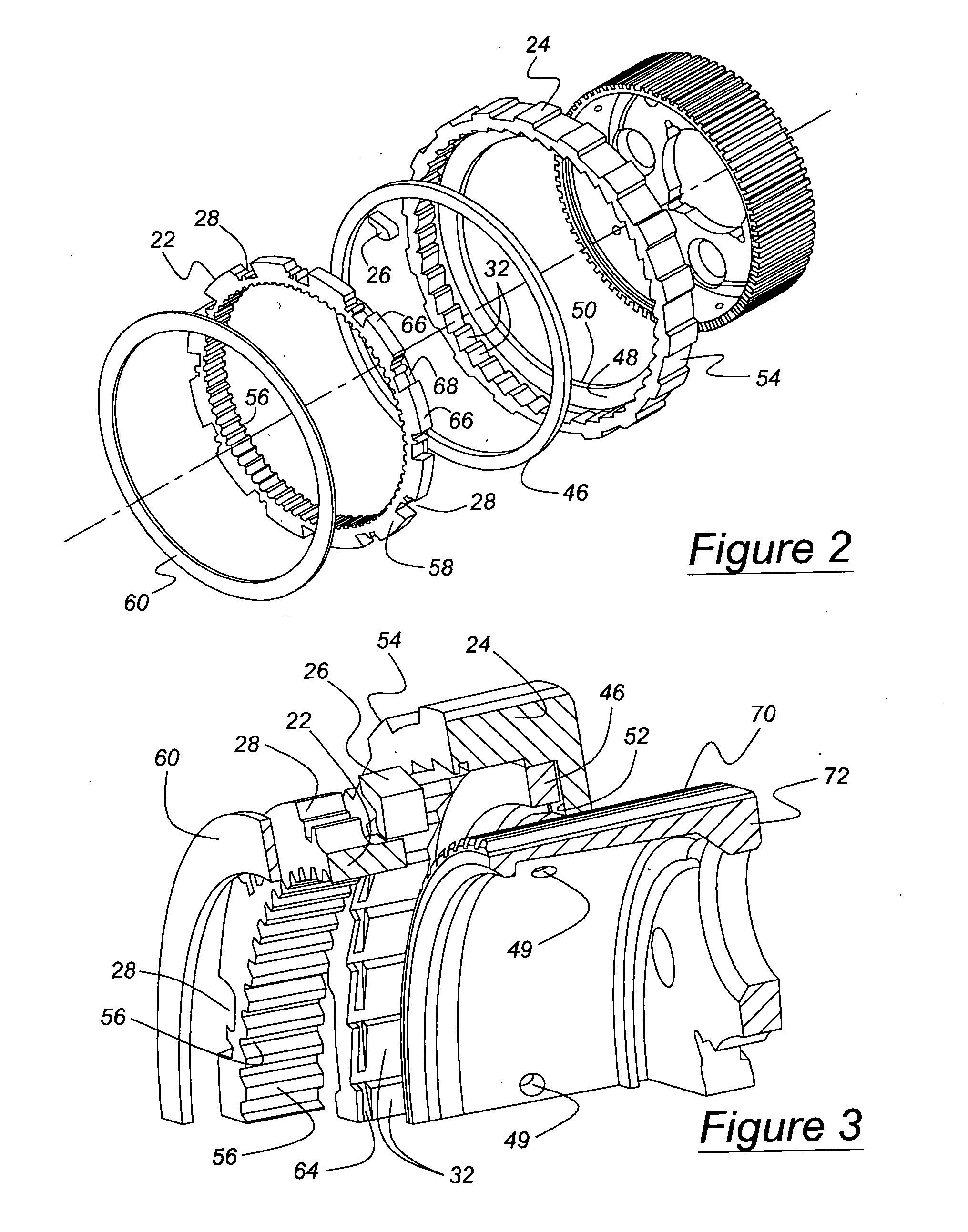 Ratcheting one-way clutch having rockers actuated by centrifugal force