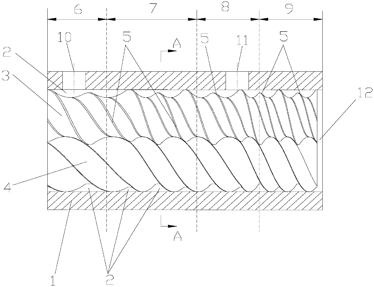 Embedded low flight co-rotational asymmetric multi-screw extruder and processing method thereof