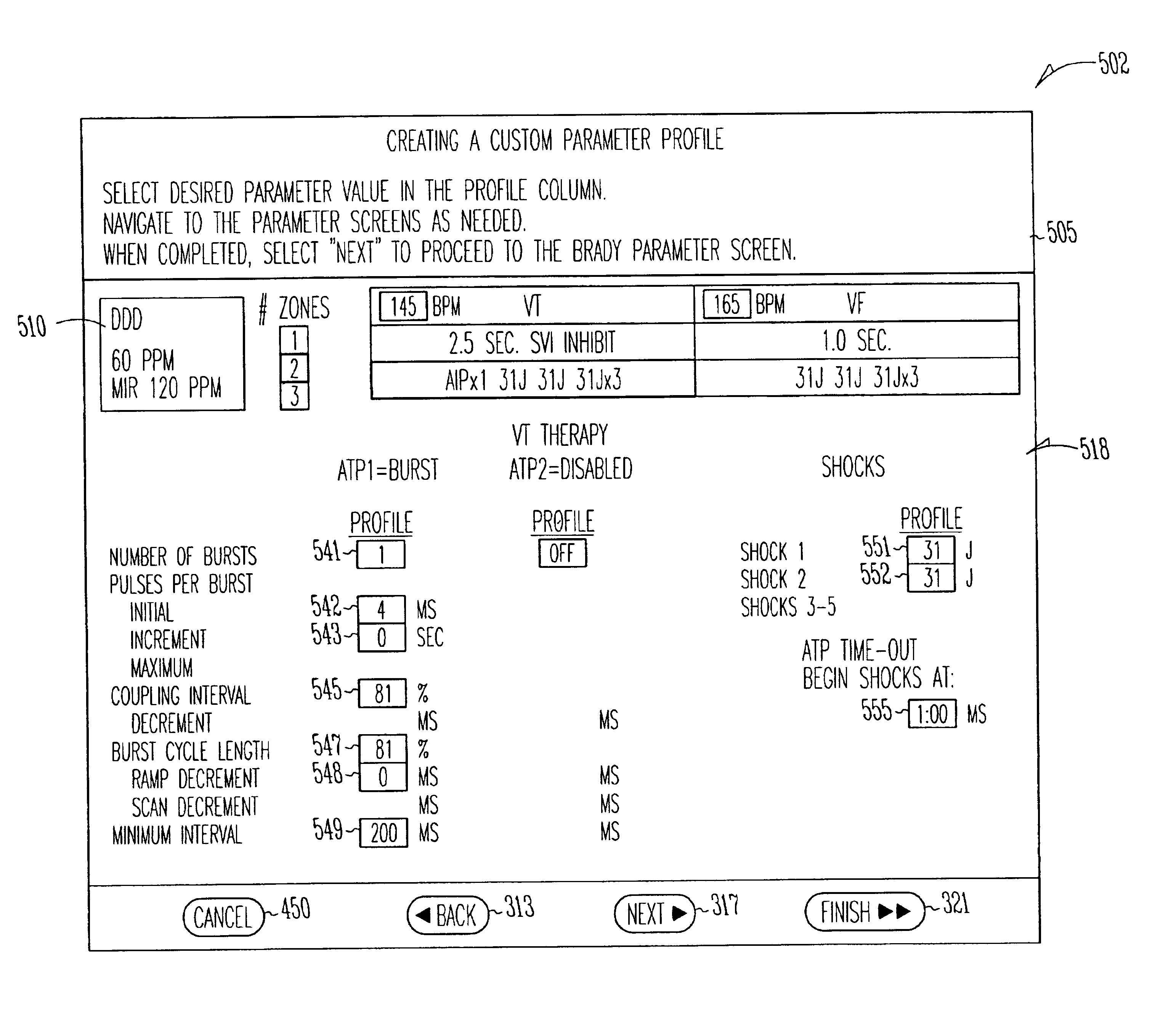 User navigation and guidance during configuration and storage of parameters for medical device