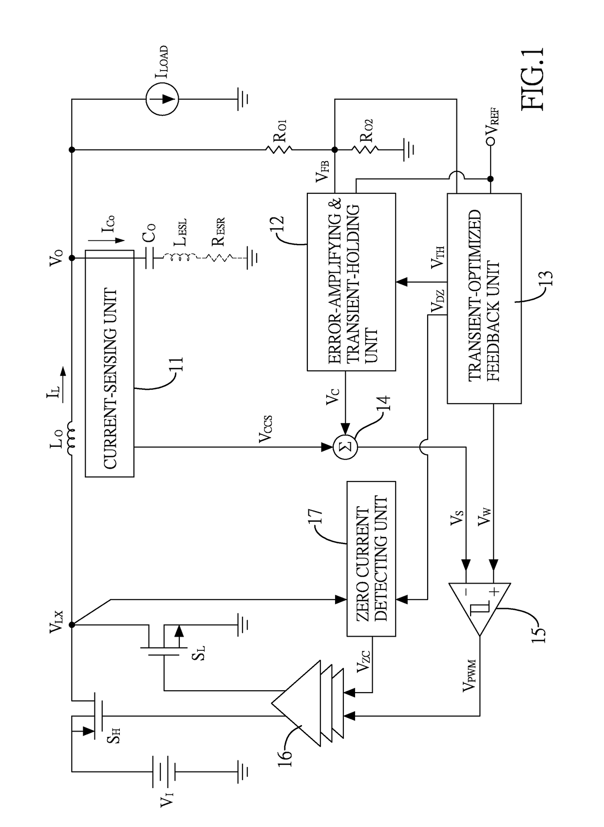 Buck converter with a variable-gain feedback circuit for transient responses optimization