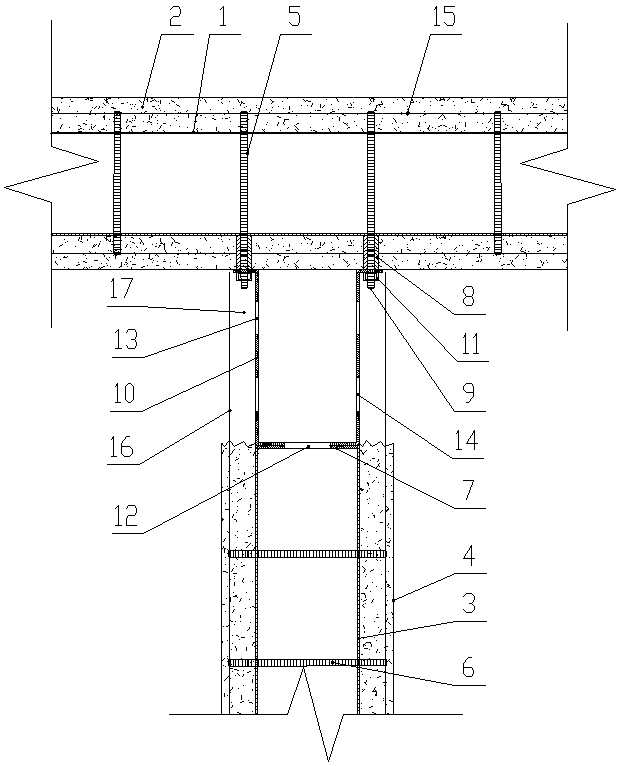 T-shaped node of steel concrete combined pipe assembled by long channel steel and threaded sleeve