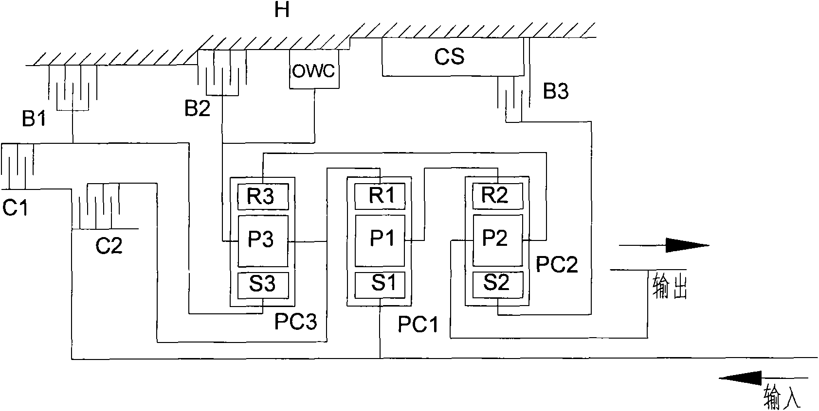 Power transmission system for six-gear automatic gearbox