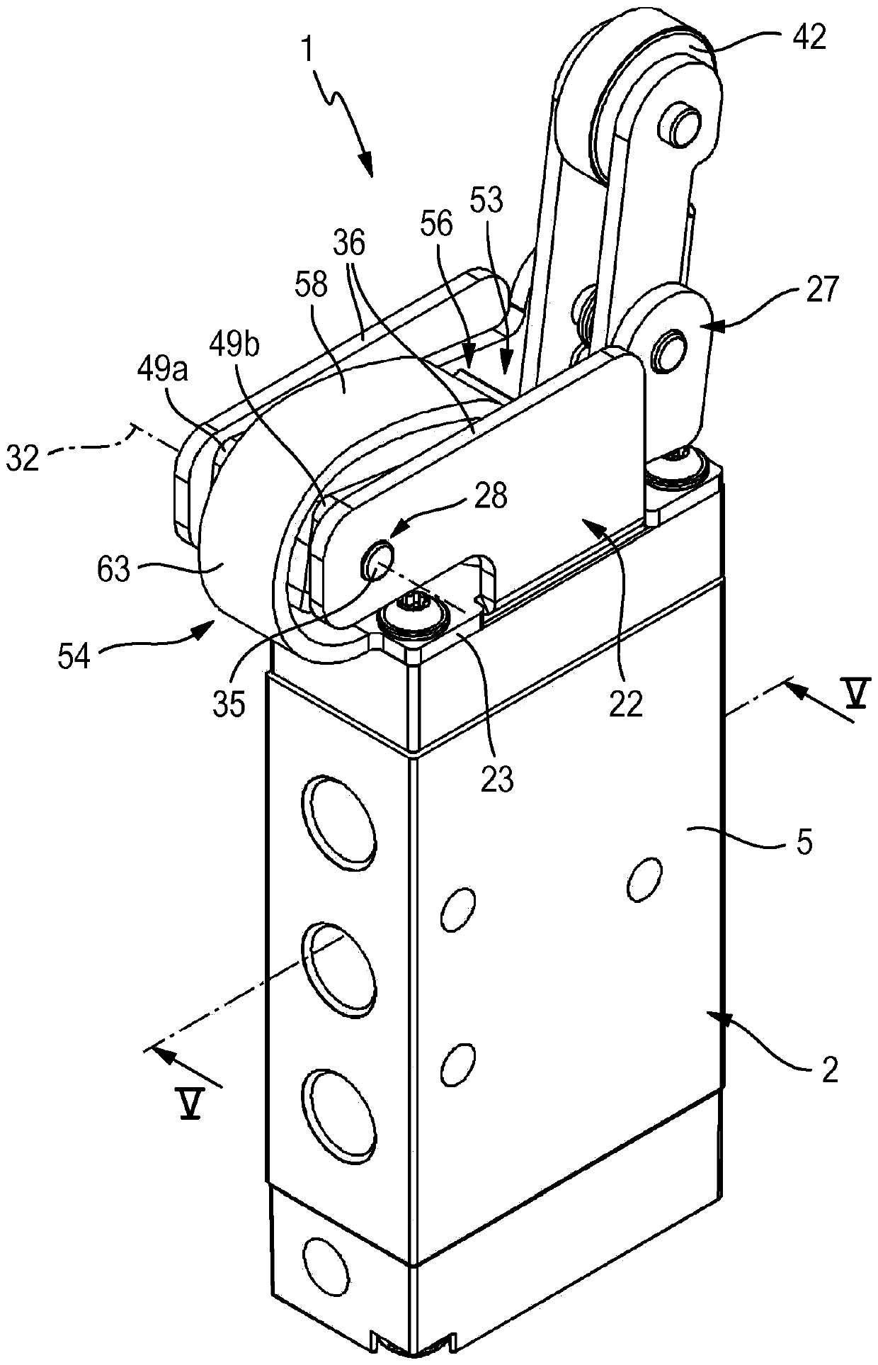 Roller lever actuating device and roller lever valve equipped therewith