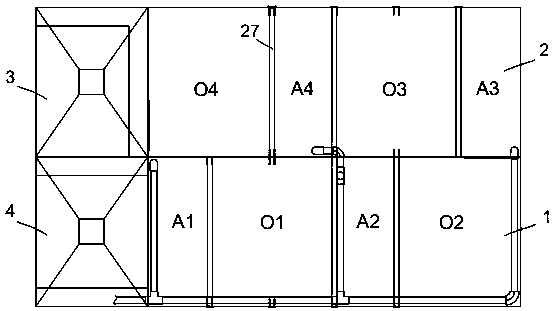 Multistage AO-MBBR (anaerobic-moving bed biofilm reactor) technological sewage treatment device with adjustable stage number and treatment method