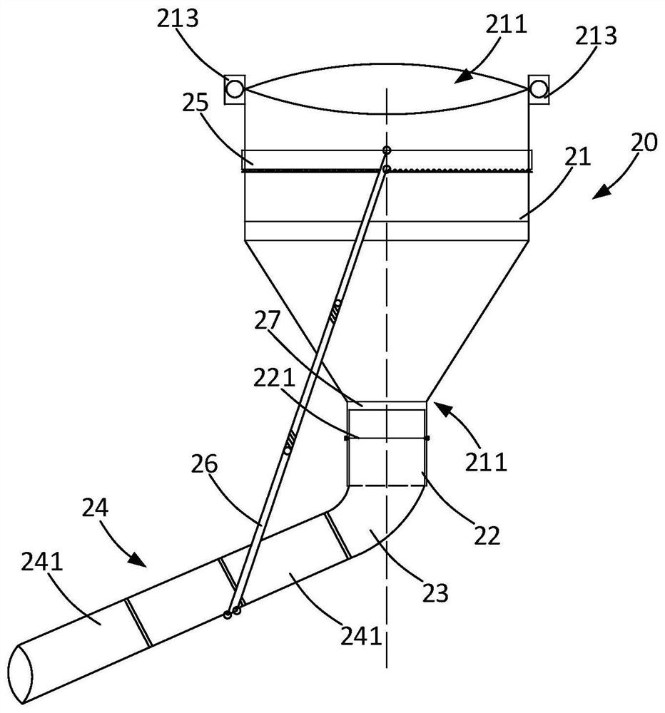 Hopper structure for swing column limited angle construction and construction method thereof