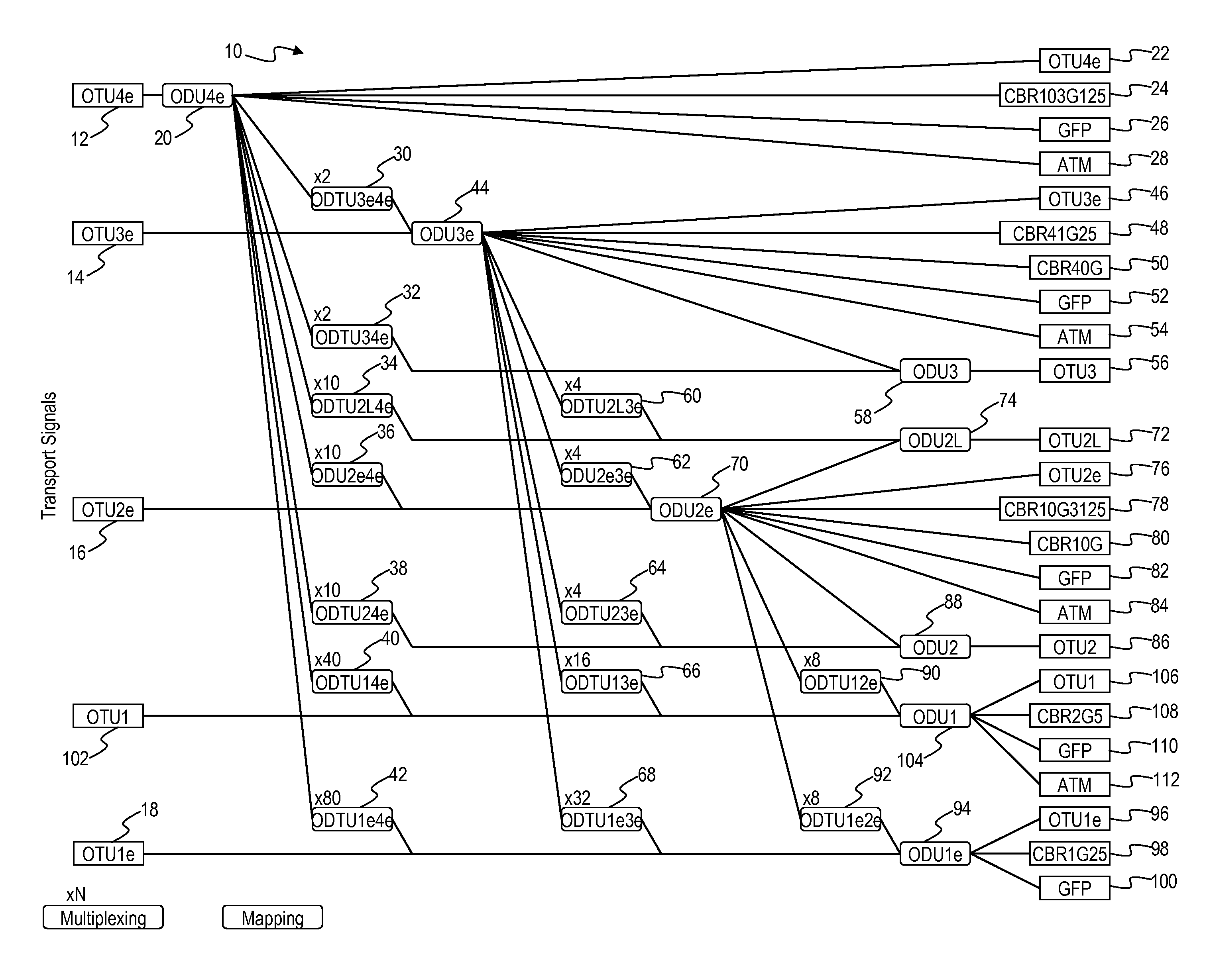 Optical transport network hierarchy for full transparent transport of datacom and telecom signals