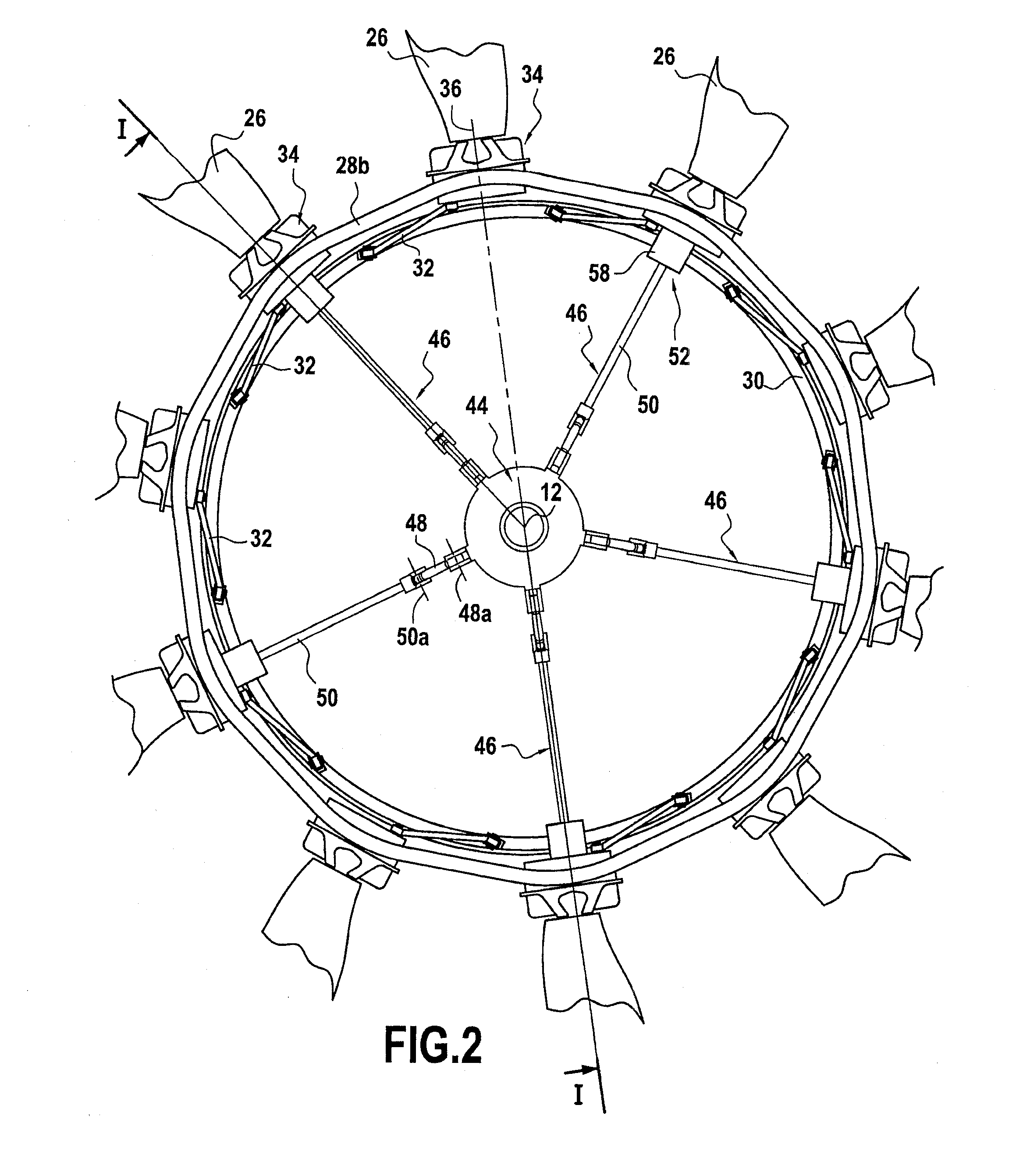 Stationary actuator device for controlling the pitch of fan blades of a turboprop