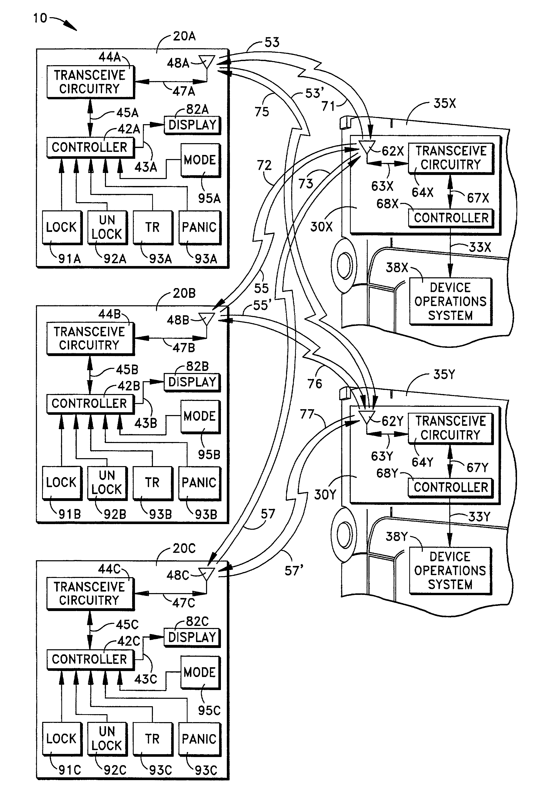 Configurable arrangement of multiple transmitters and multiple receivers for the performance of remote convenience functions