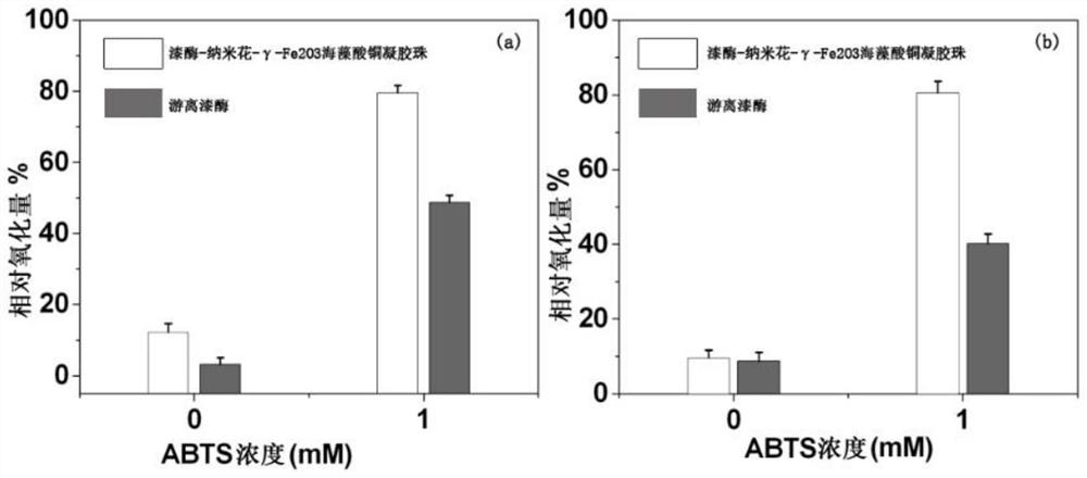 Laccase-nanoflower-gamma-Fe2O3 copper alginate gel beads and preparation method and application thereof