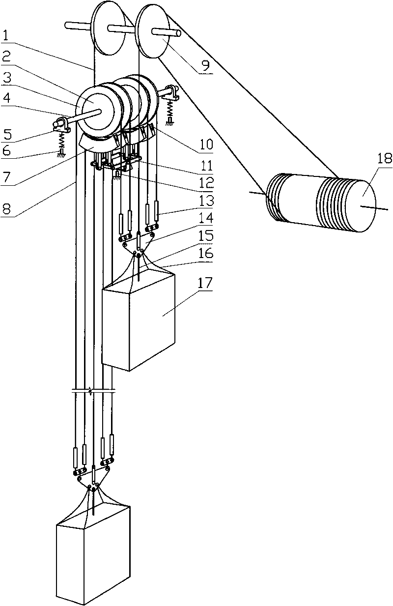 Mine single-rope hoisting balance wheel brake rope anti-case-crashing device