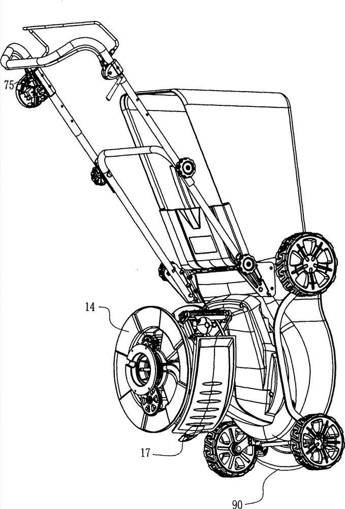 Mower comprising chassis blade broom and having blowing/suction, irrigation, fertilization, pesticide spreading and braking functions