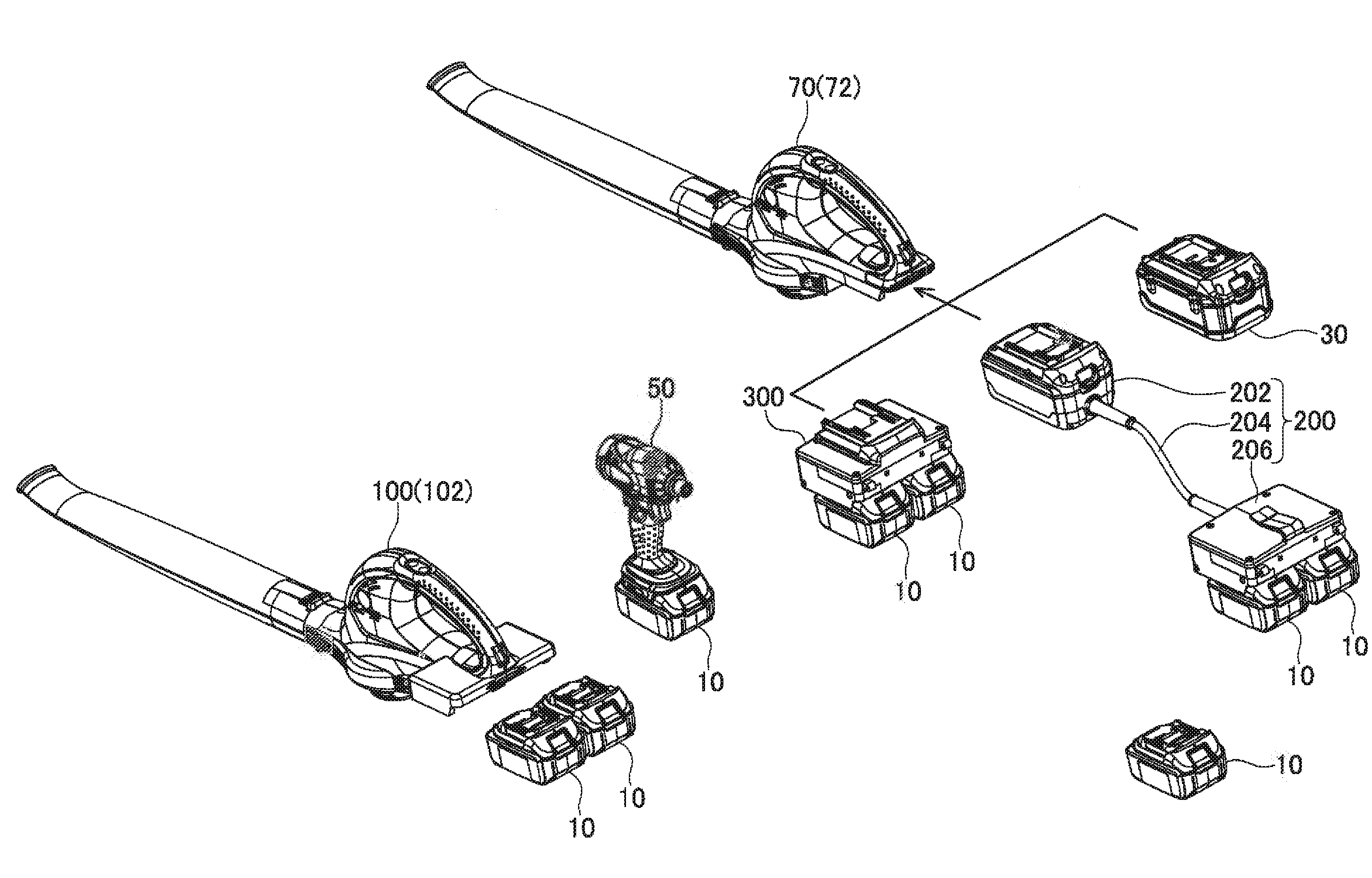 Electric tool powered by a plurality of battery packs and adapter therefor