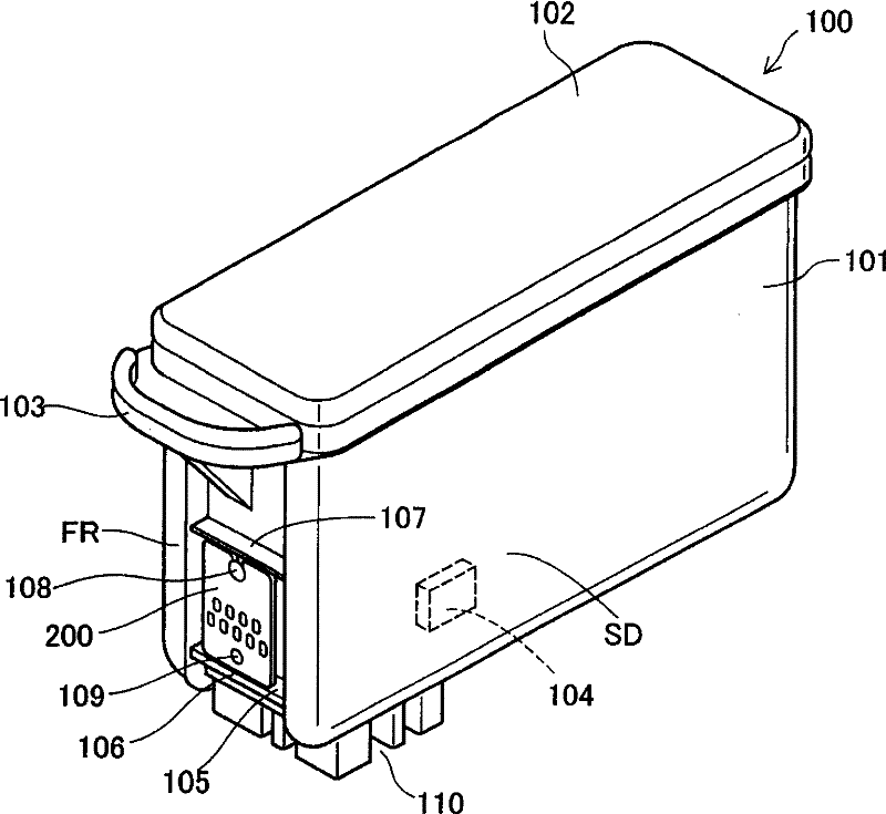 Printing material container, and board mounted on printing material container