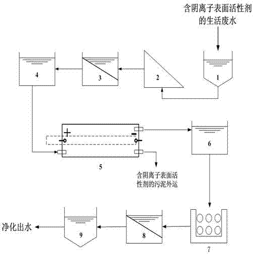 A treatment system for removing anionic surfactants in domestic wastewater