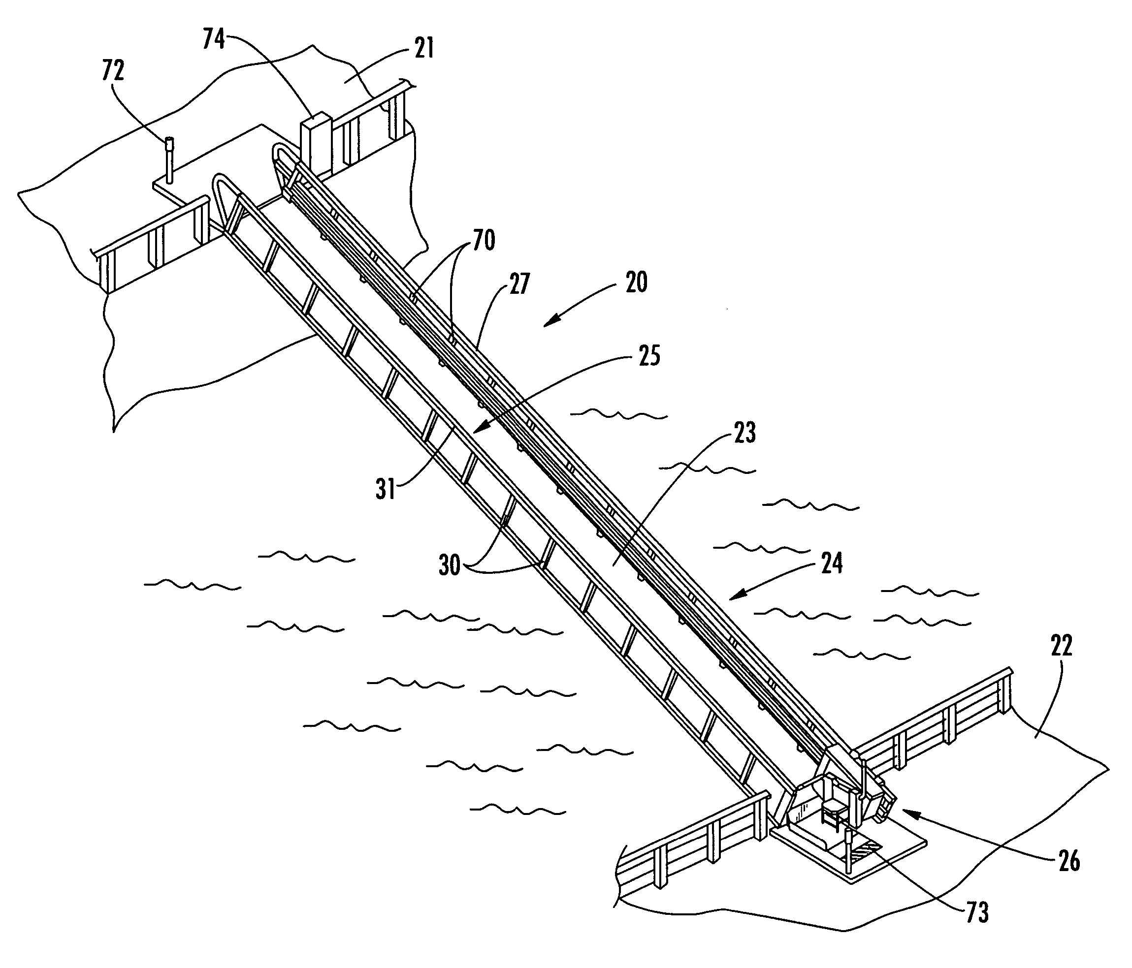 Marine gangway to enable handicapped users to move between floating and fixed landings and related methods