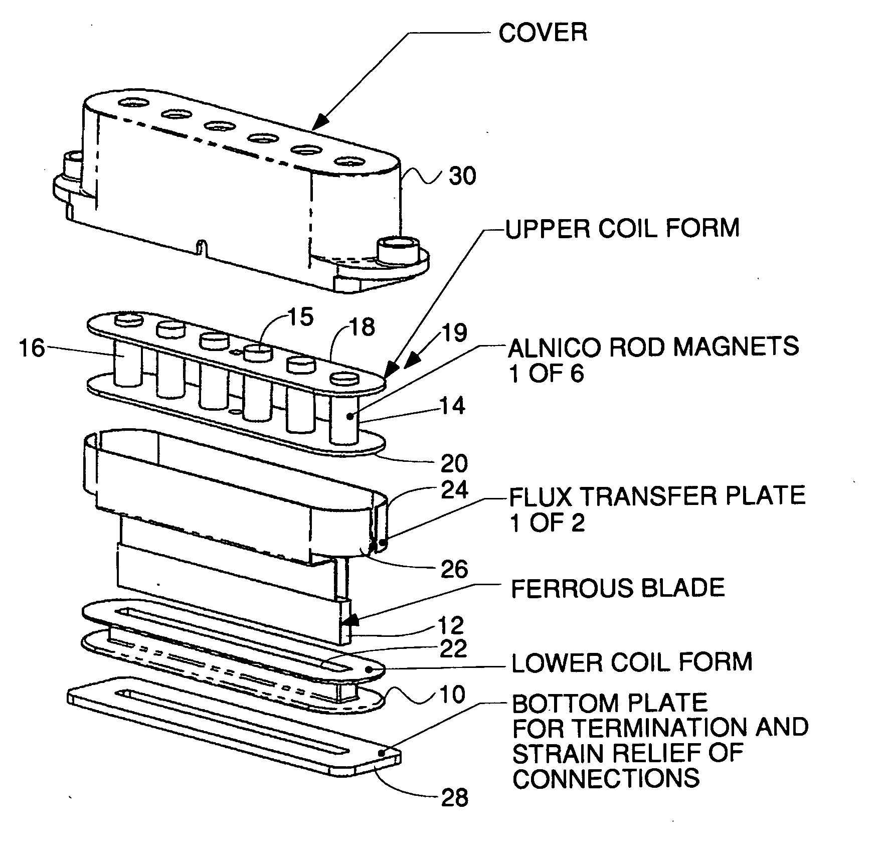 Hum cancelling electromagnetic pickup for stringed musical instruments with tonal characteristics of single coil pickups