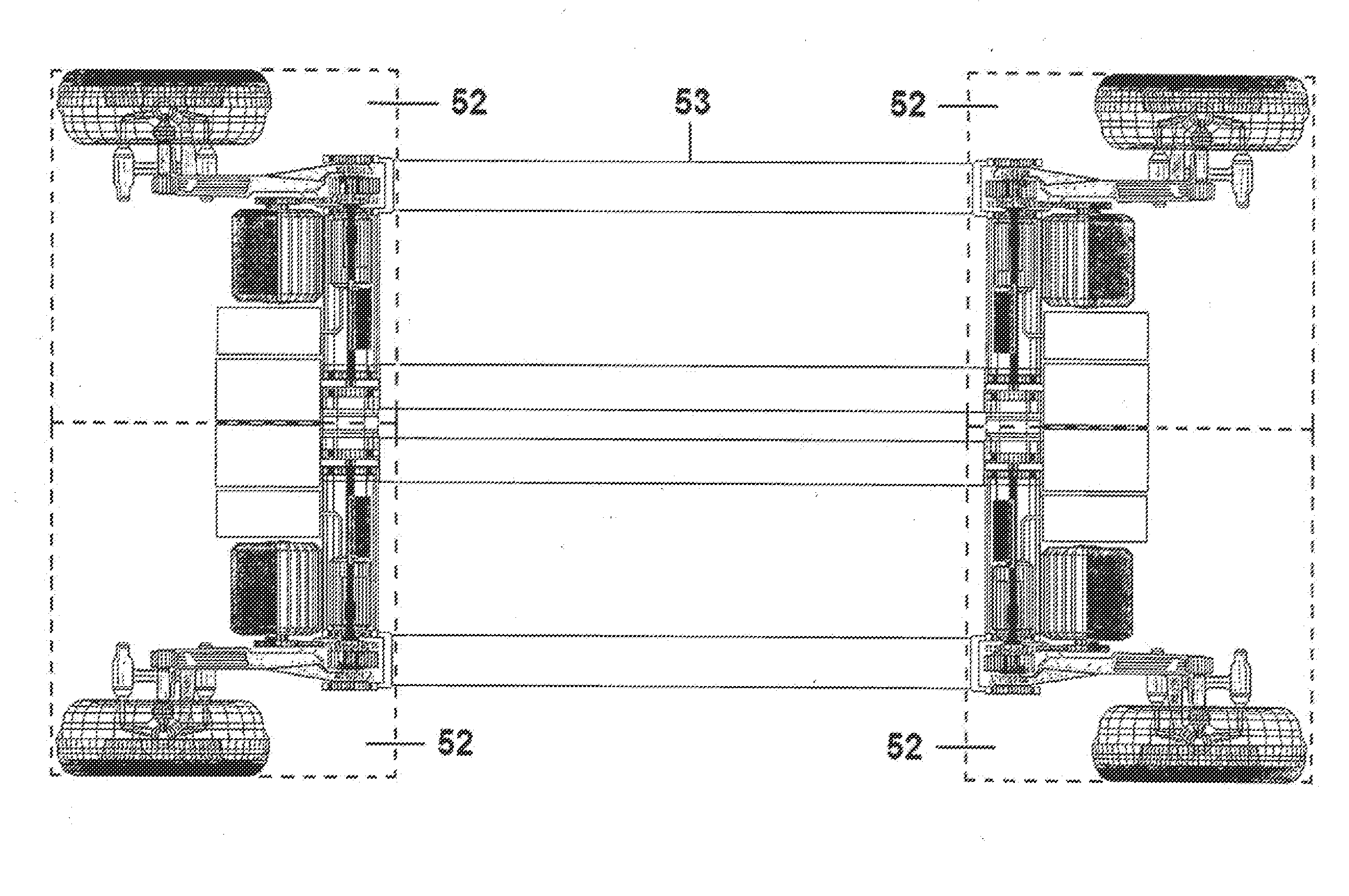 Parametric chassis system for vehicles, comprising four suspension elements, incorporating a lateral torsion bar and co-axial damper unit, in a box-module, that allows central location of heavy items, such as batteries