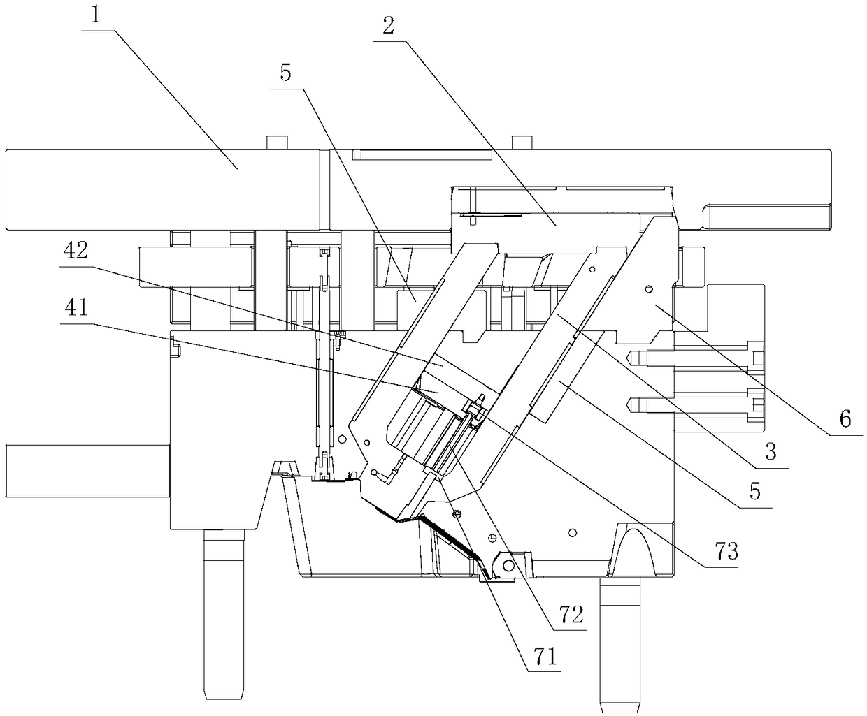 Pulled core oblique roof structure and injection mold