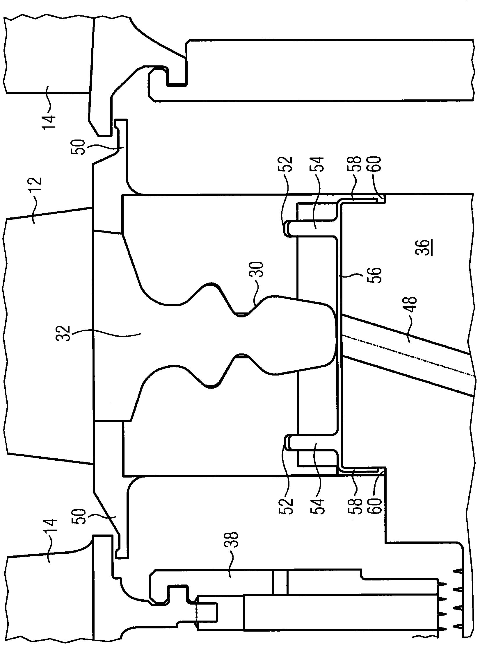 Gas turbine with securing plate between blade base and disk