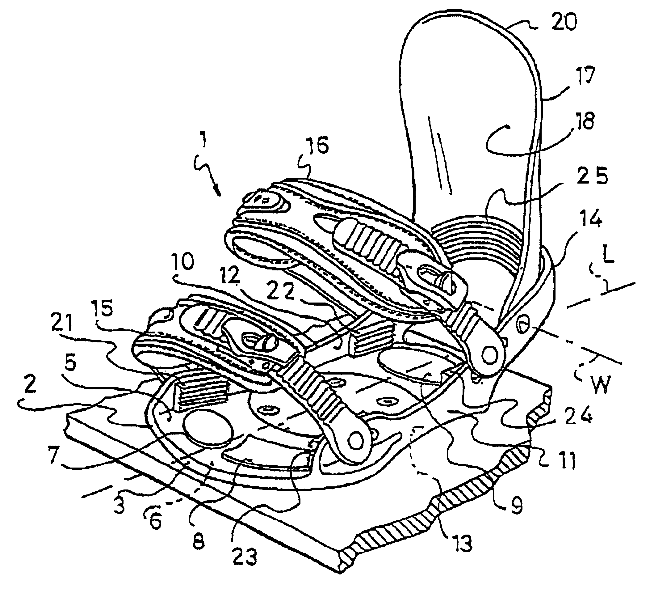 Device for retaining a boot on a gliding, rolling, or walking board adapted to a sporting activity, and the boot therefor