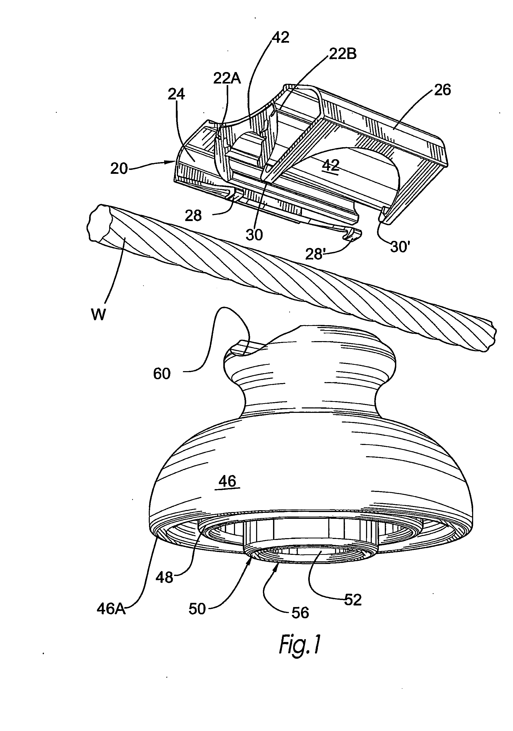 Electric cable and insulator self-locking system, and method of installation thereof