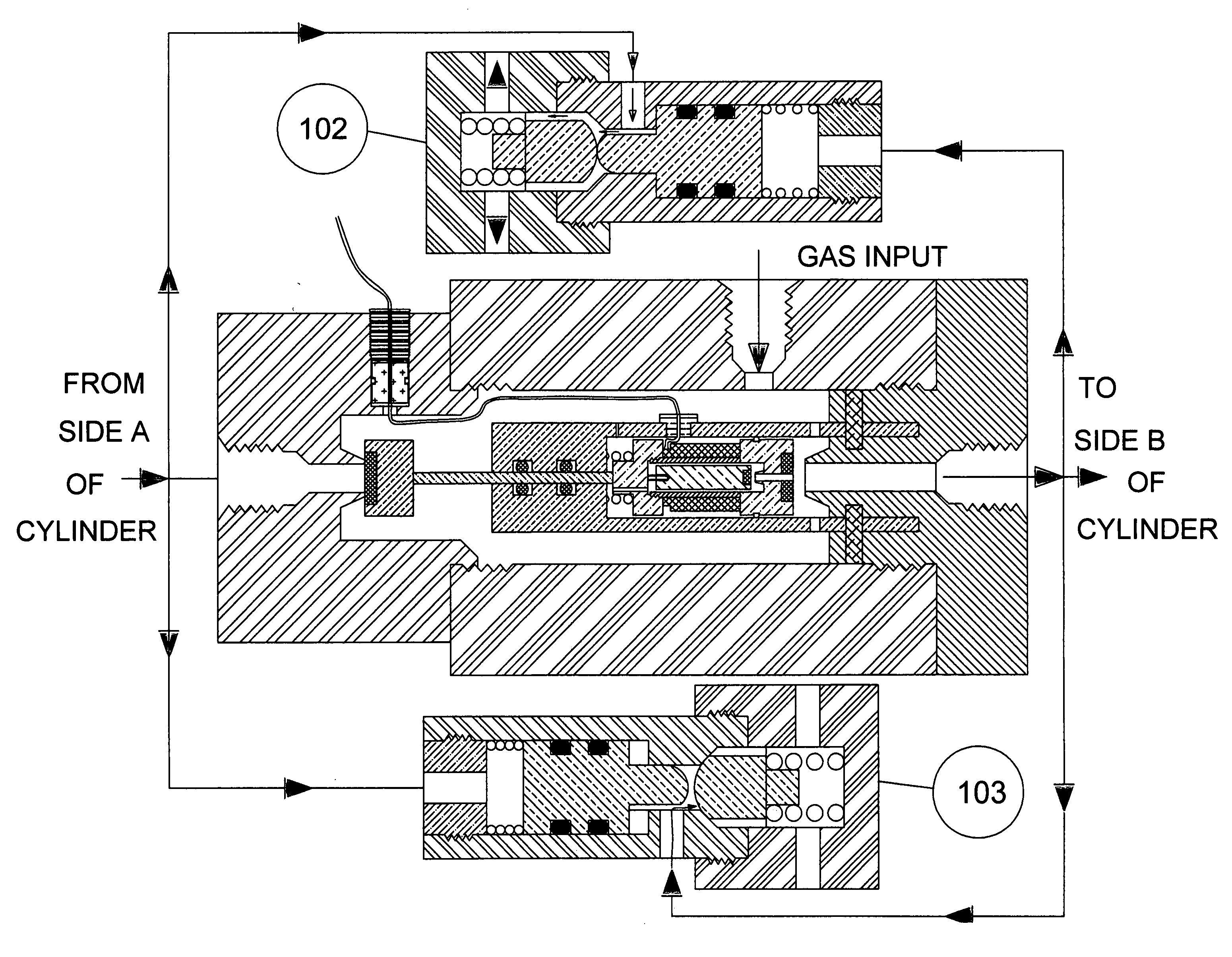 Three-way, two-position in-tube solenoid gas valve assembly