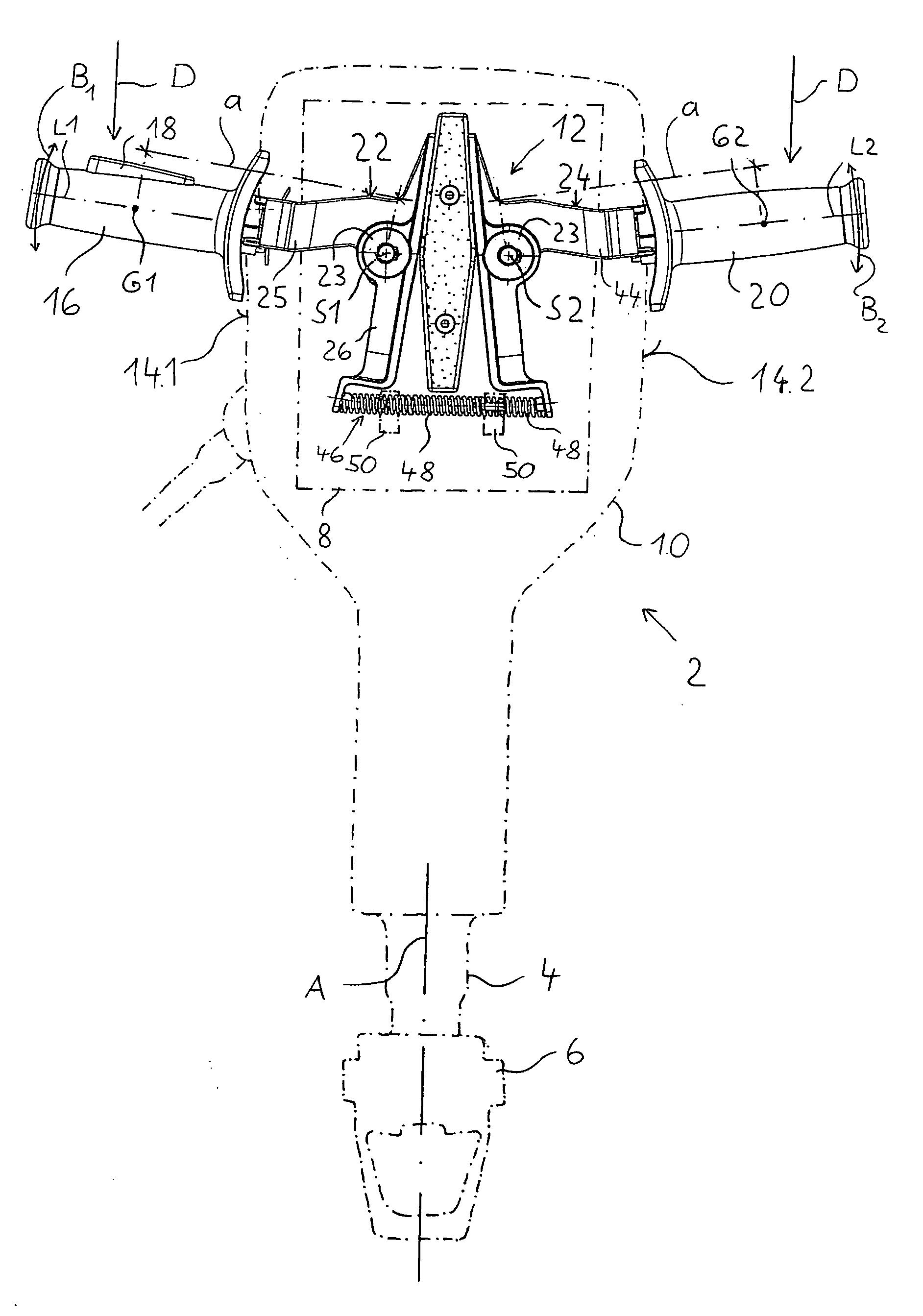 Hand-held power tool with spring-loaded handle suspension