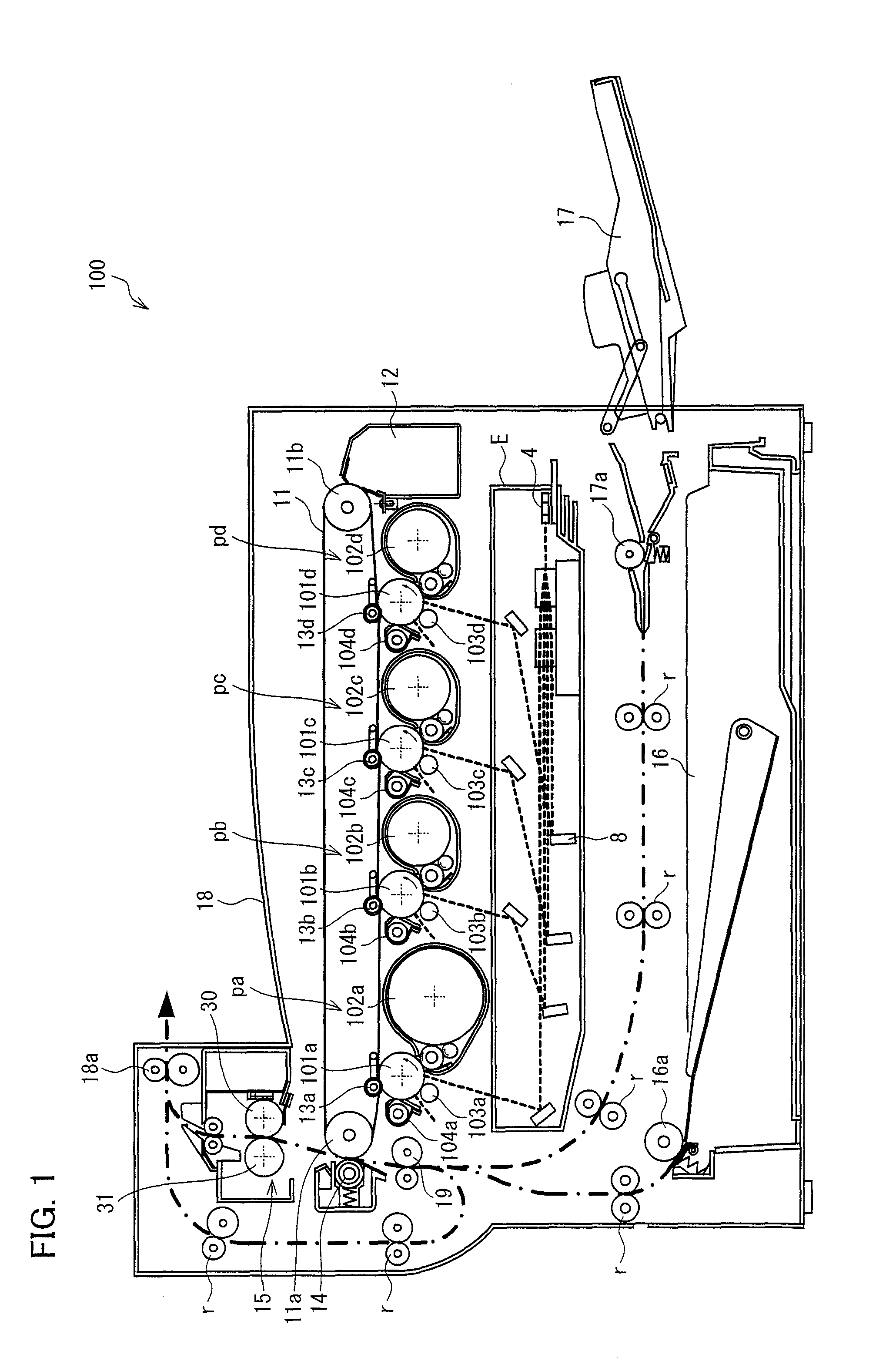 Fixing device including endless fixing belt, heating member and tension roller