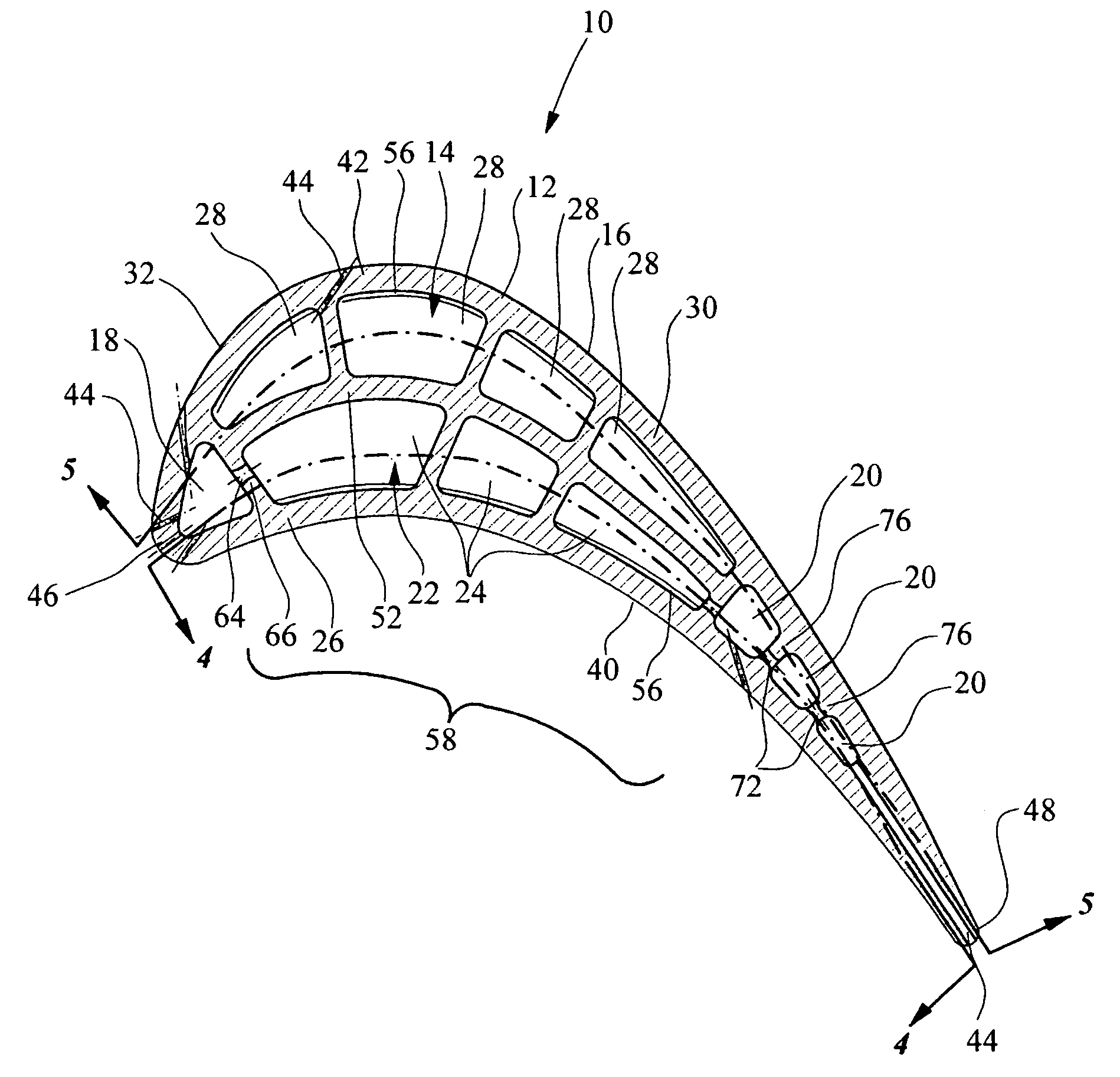 Turbine blade cooling system with bifurcated mid-chord cooling chamber