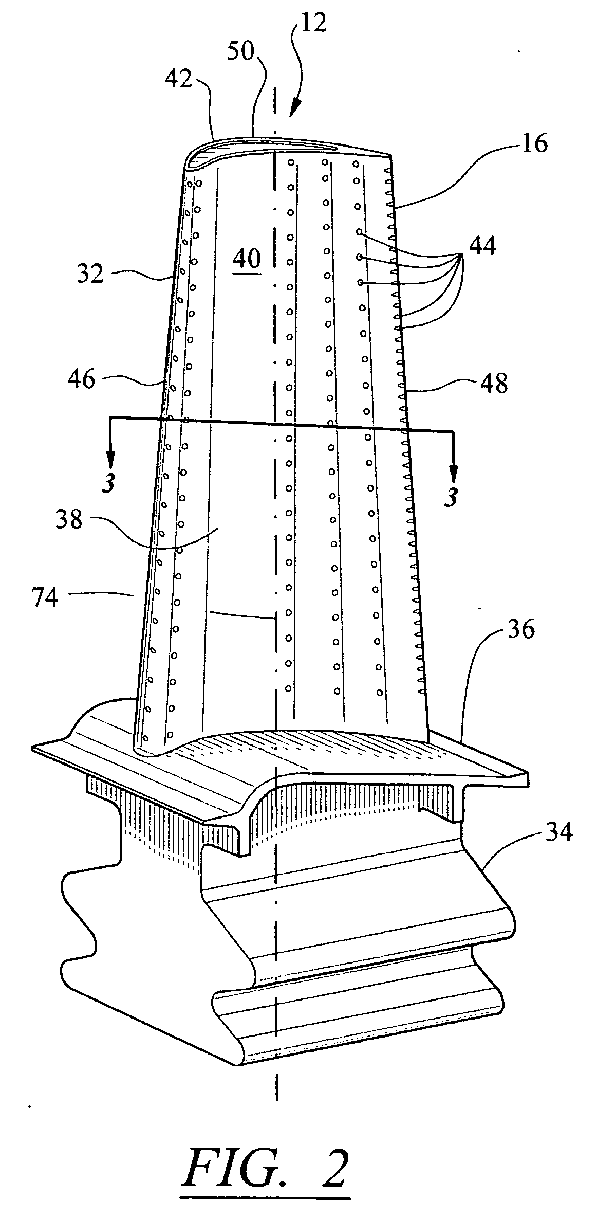 Turbine blade cooling system with bifurcated mid-chord cooling chamber