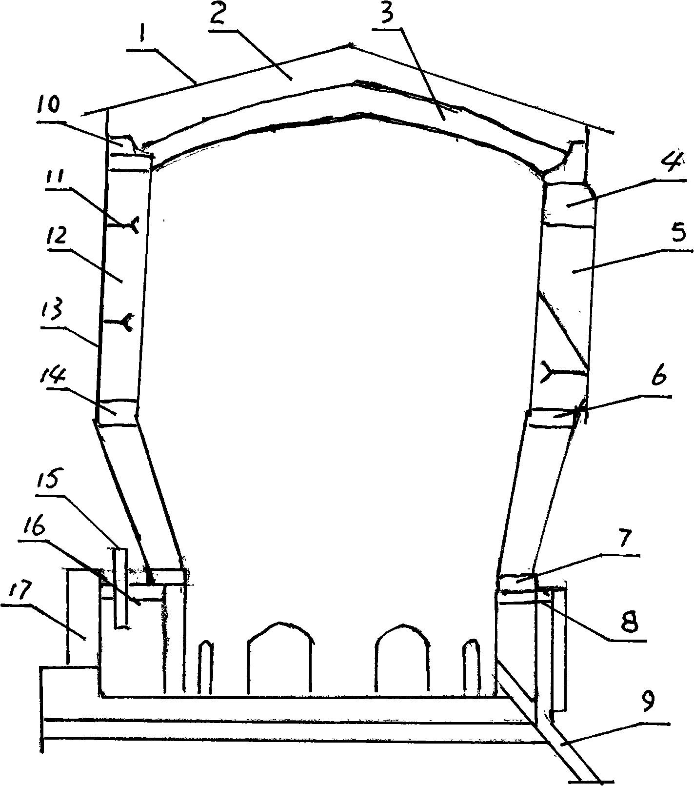 Large area air outlet fluidized calcining furnace refractory lining