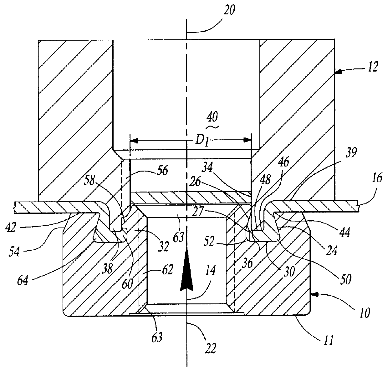 Element, method of attaching the element to a plate-like component, component assembly and die button