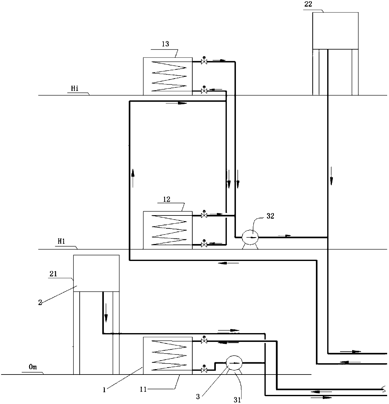 Auxiliary machine cooling water system achieving high-low position arrangement