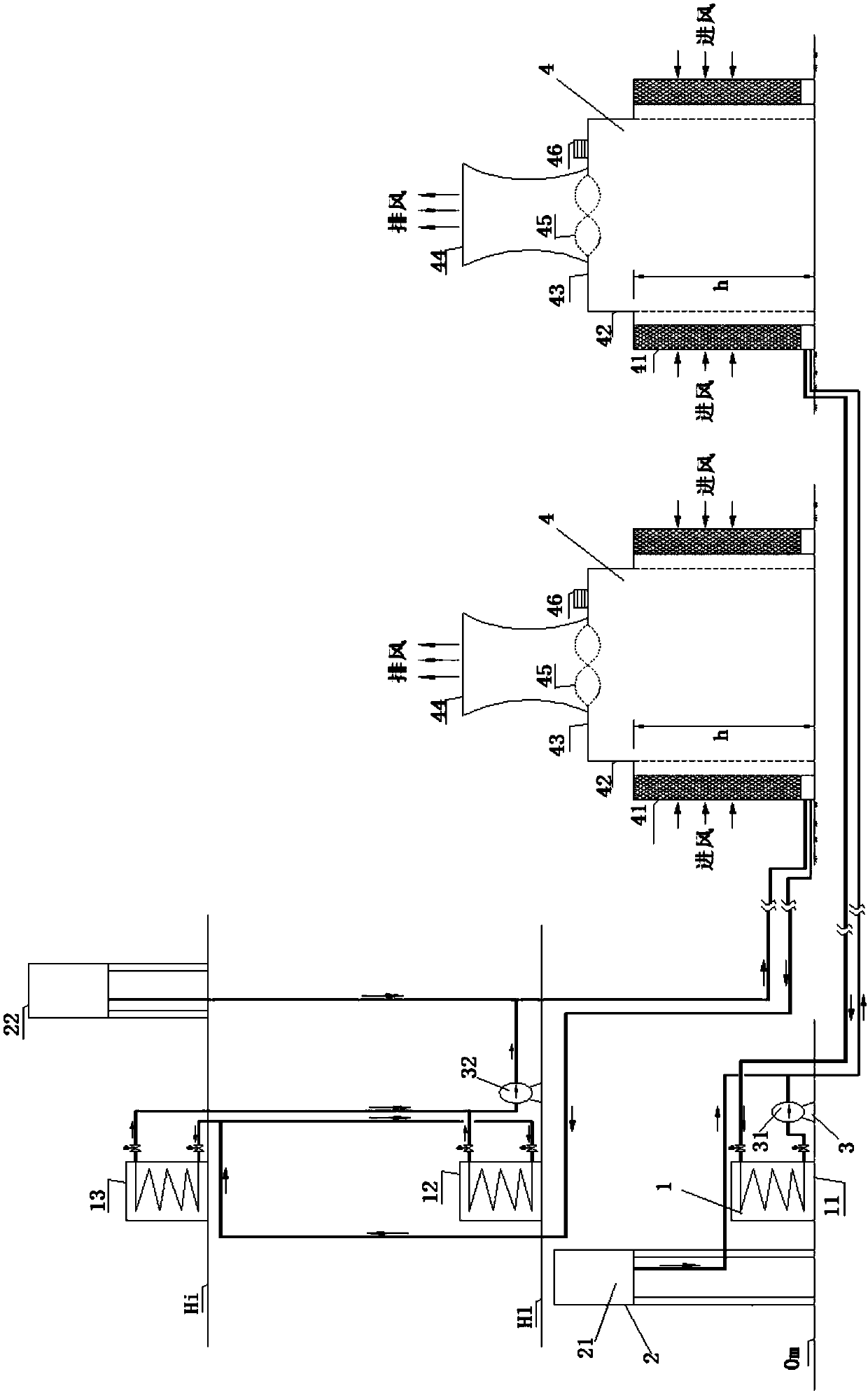 Auxiliary machine cooling water system achieving high-low position arrangement