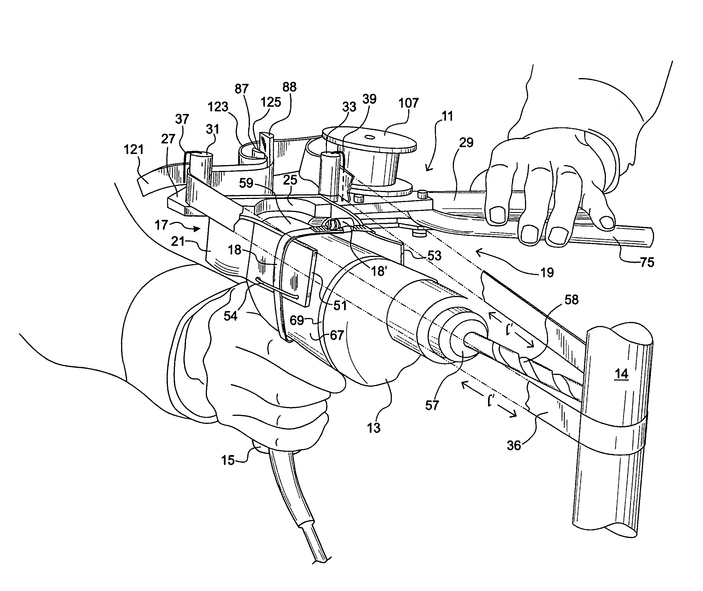 Hand held portable drill guide enabling single handed field setup and having releasable drill gripping securement