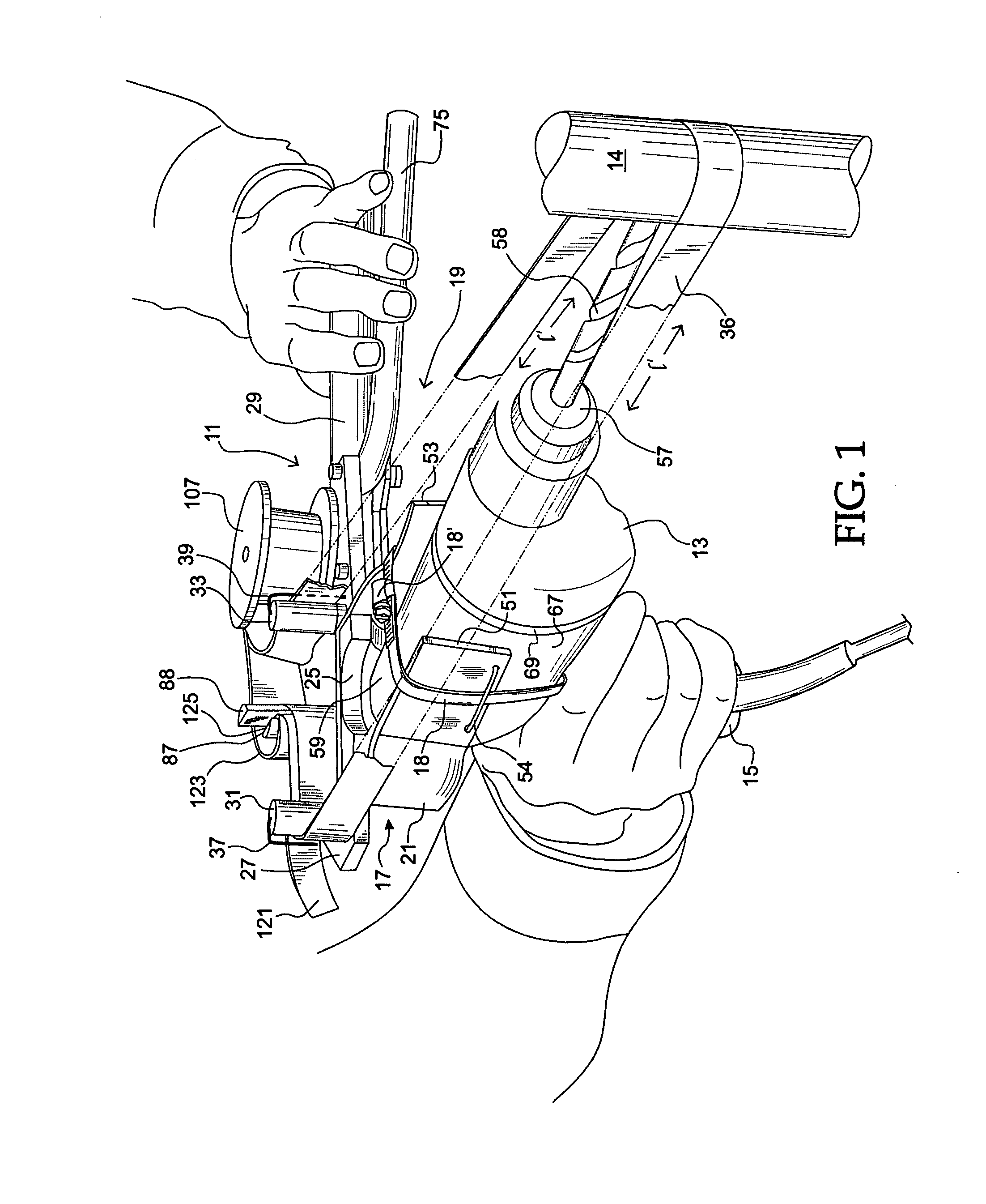 Hand held portable drill guide enabling single handed field setup and having releasable drill gripping securement