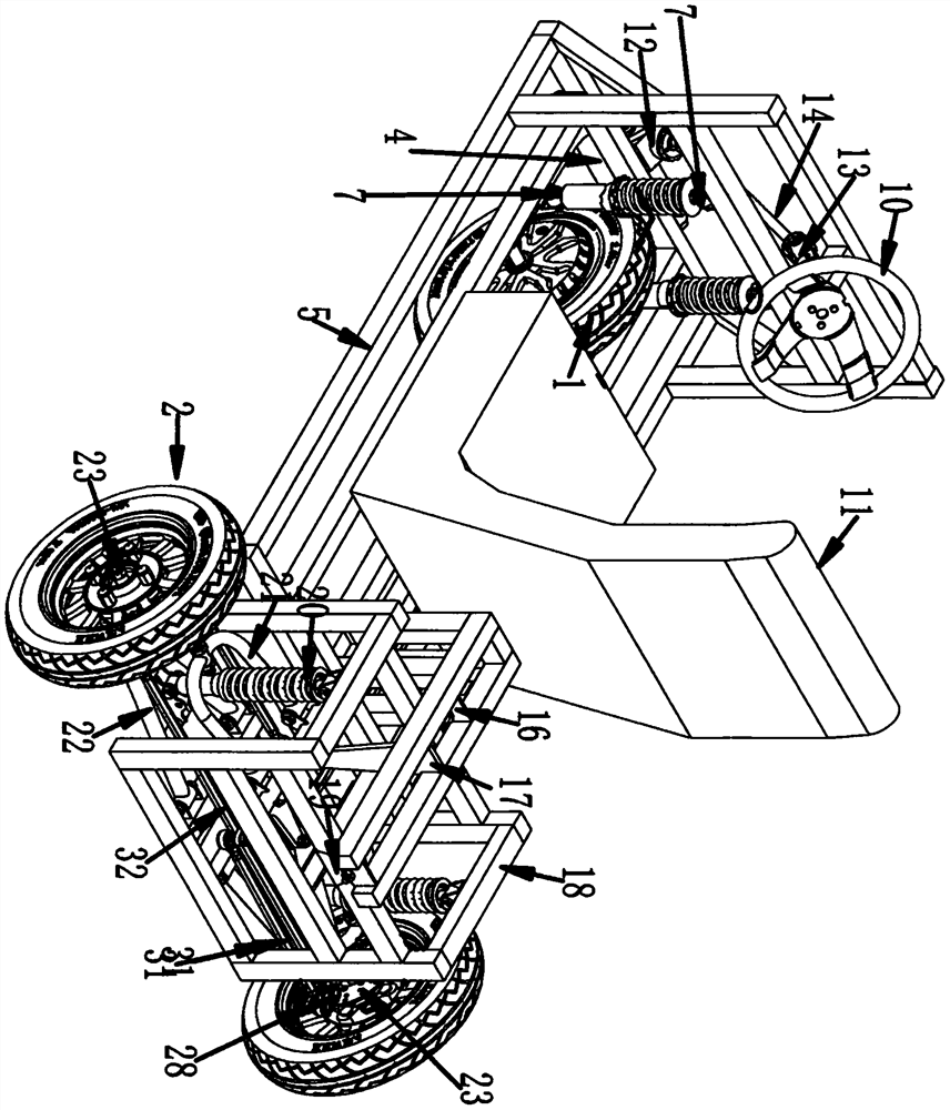 Positive tricycle with steering wheel controlling steering of rear wheels and synchronously control side-tipping of car body