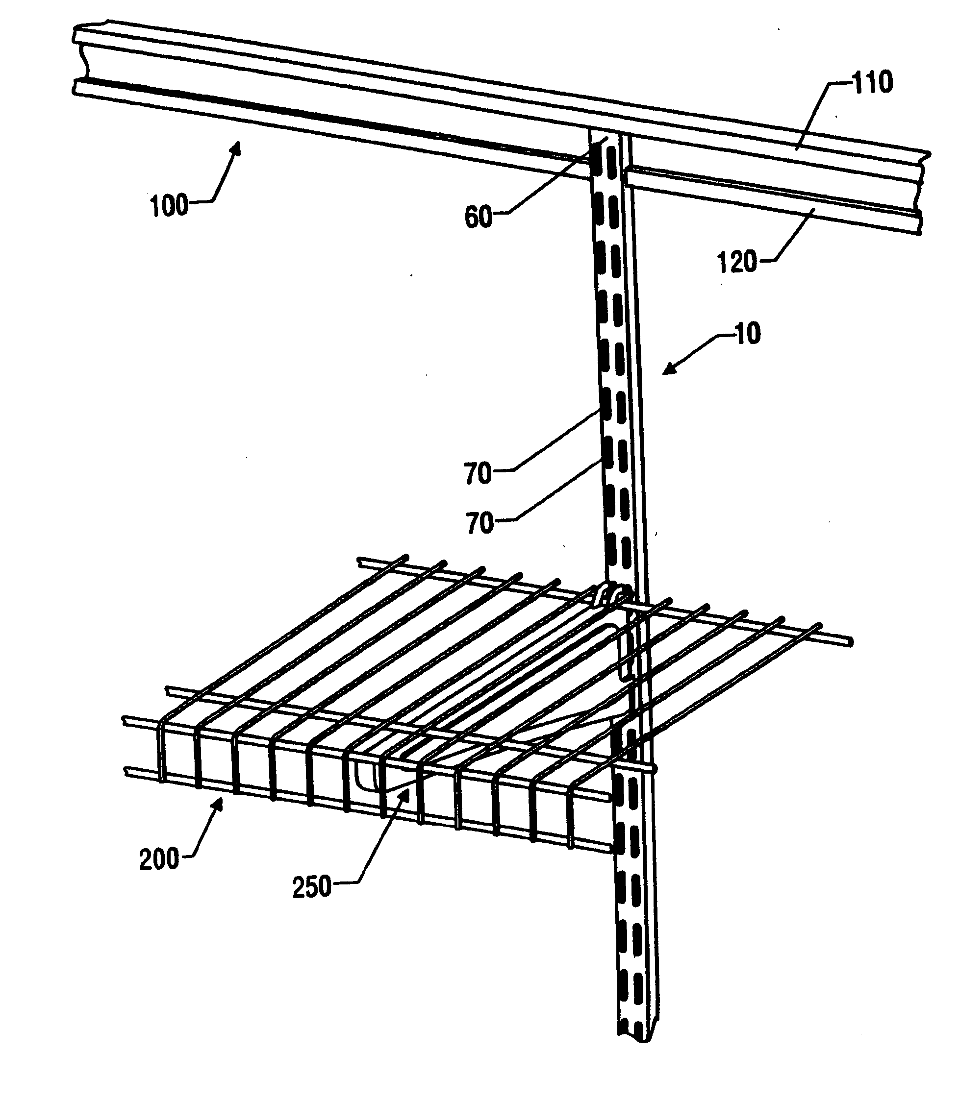 Track-mounted shelving systems and components