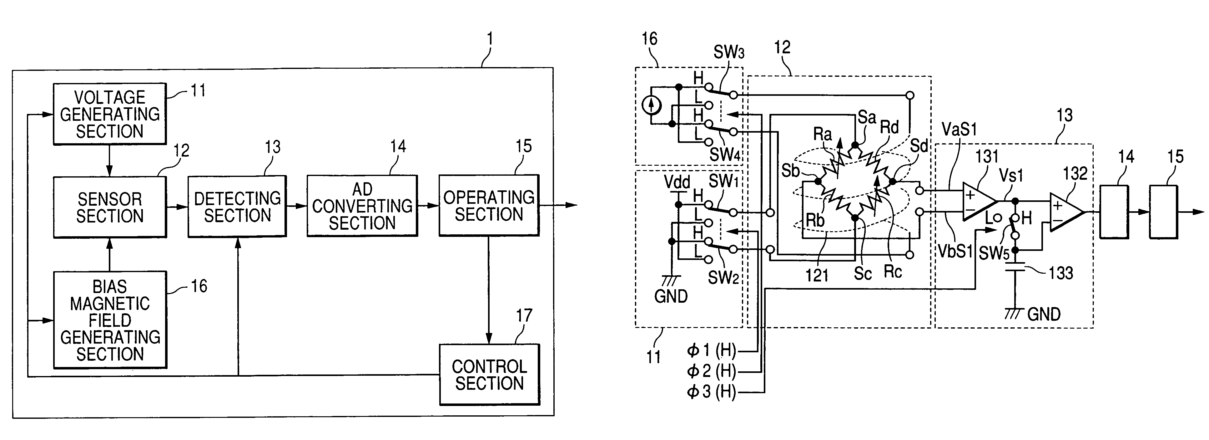 Magnetism detecting device for canceling offset voltage