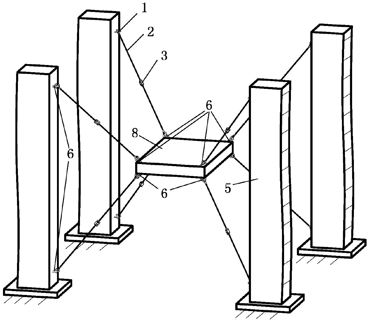 Large-span space rope traction parallel six-dimensional force platform