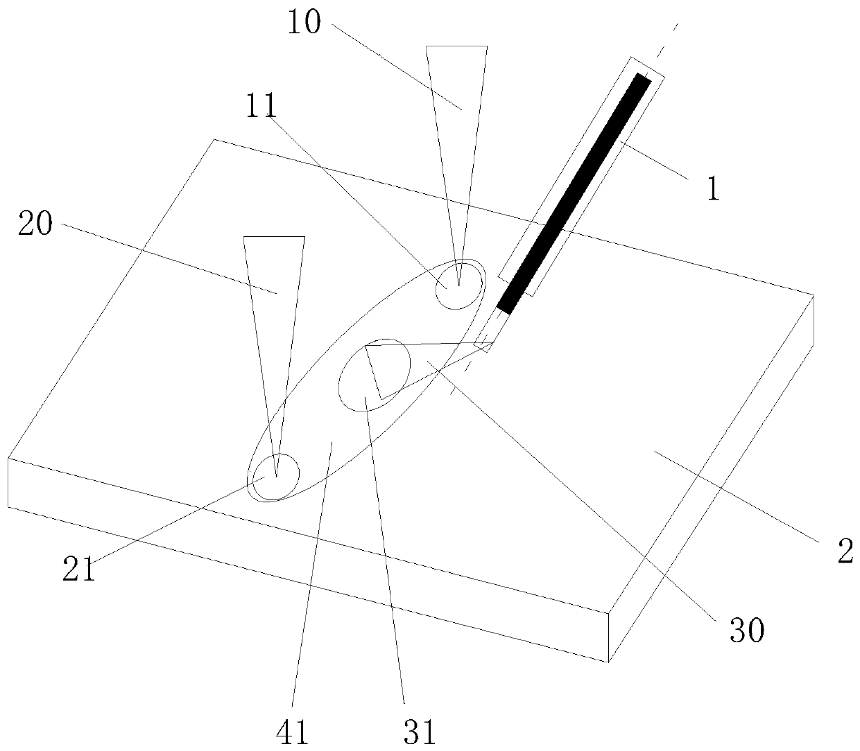 Two-pulse-laser-beam time sharing inducing MAG arc directional swing surfacing method