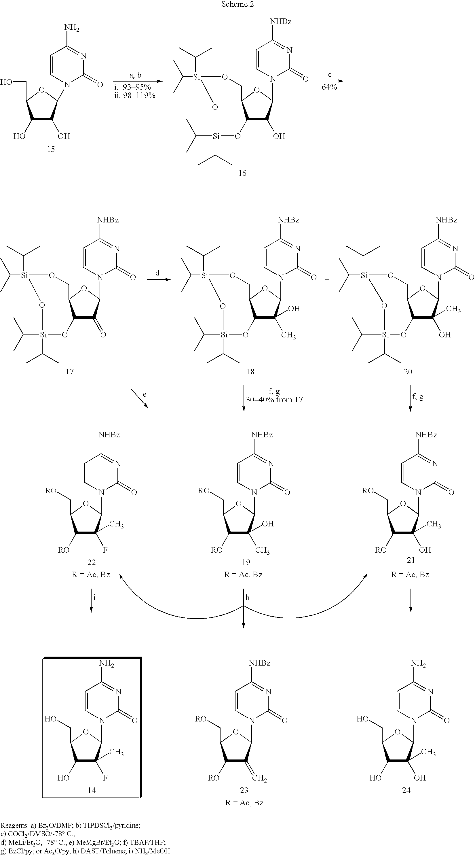 Preparation of 2'-fluoro-2'-alkyl-substituted or other optionally substituted ribofuranosyl pyrimidines and purines and their derivatives