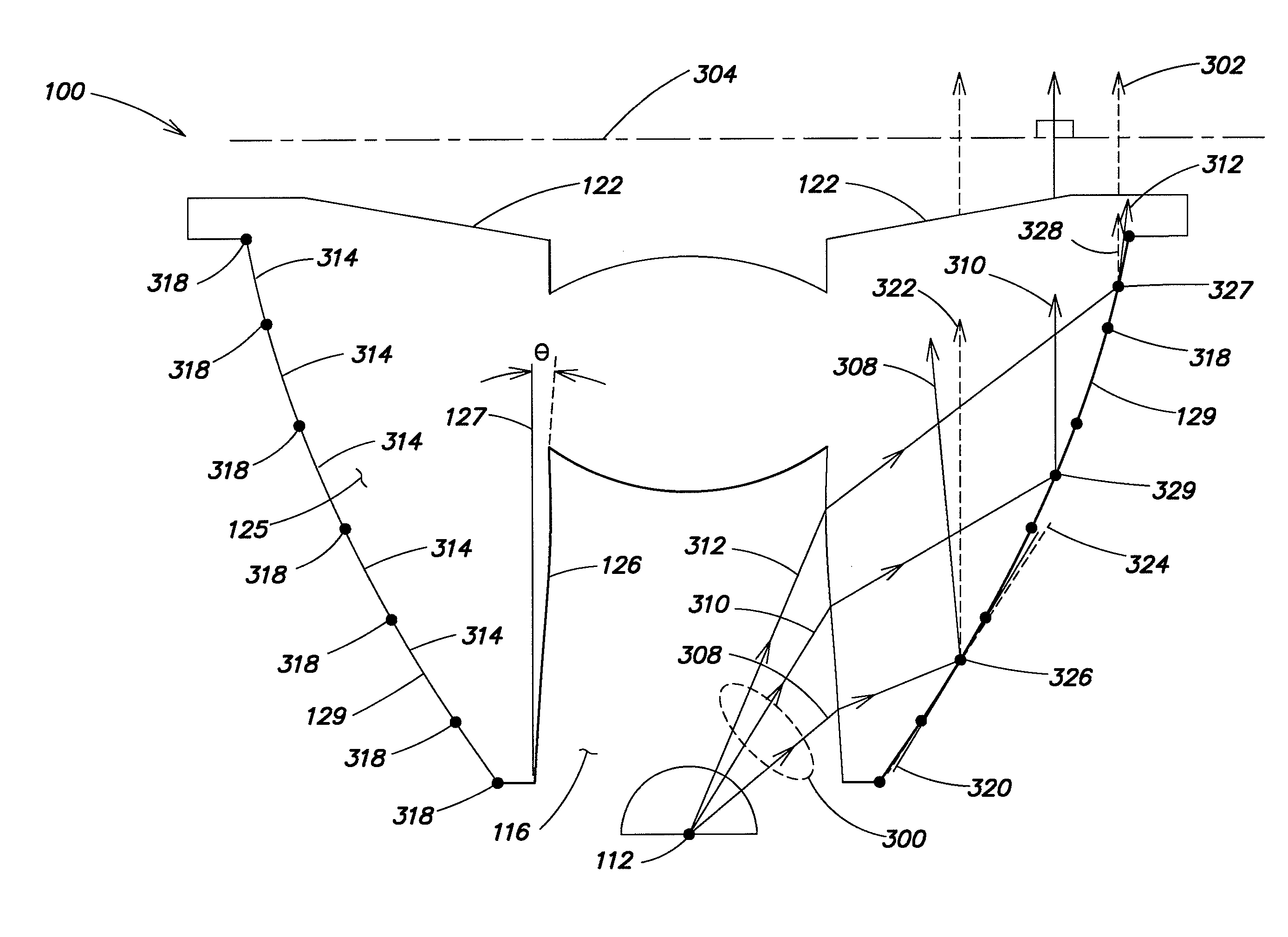 LED collimator having spline surfaces and related methods