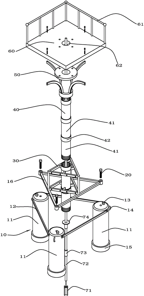 Water area vane shear test platform with bucket truss and installation method