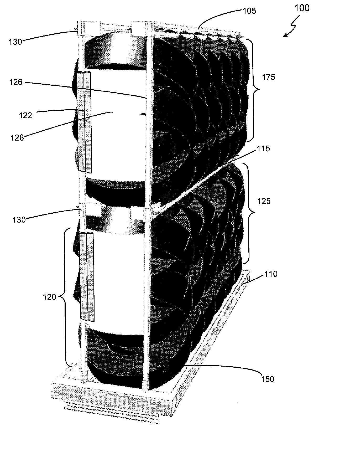 Tire rack, loading and unloading systems and methods