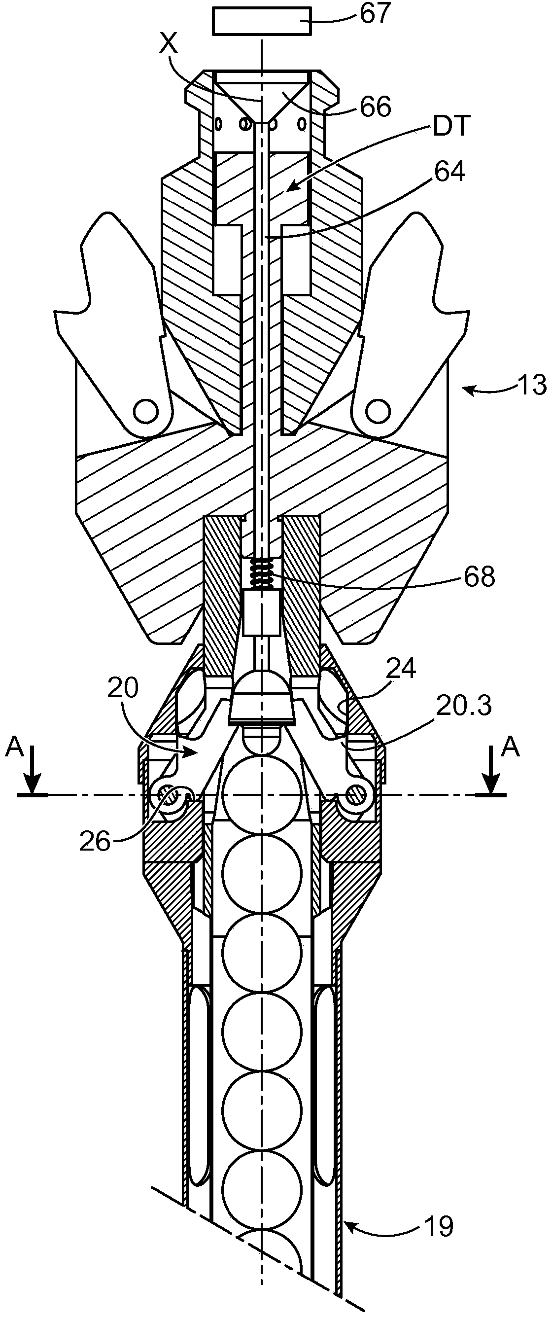 Device for triggering and inserting absorbing members and/or mitigators in fissile area of nuclear reactor and nuclear fuel assembly comprising the device