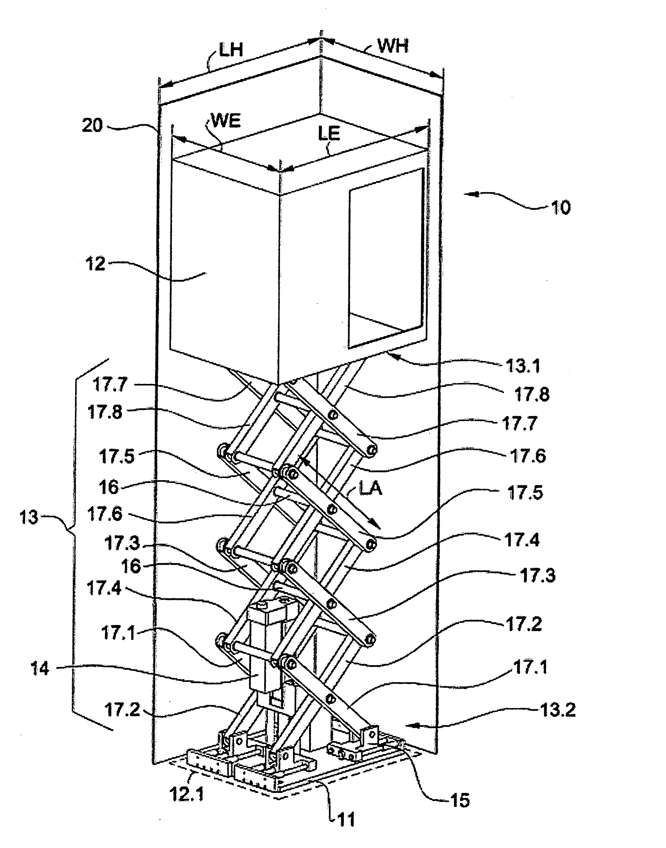 Elevator with a scissor lift mechanism and a spring member serving as virtual counter weight